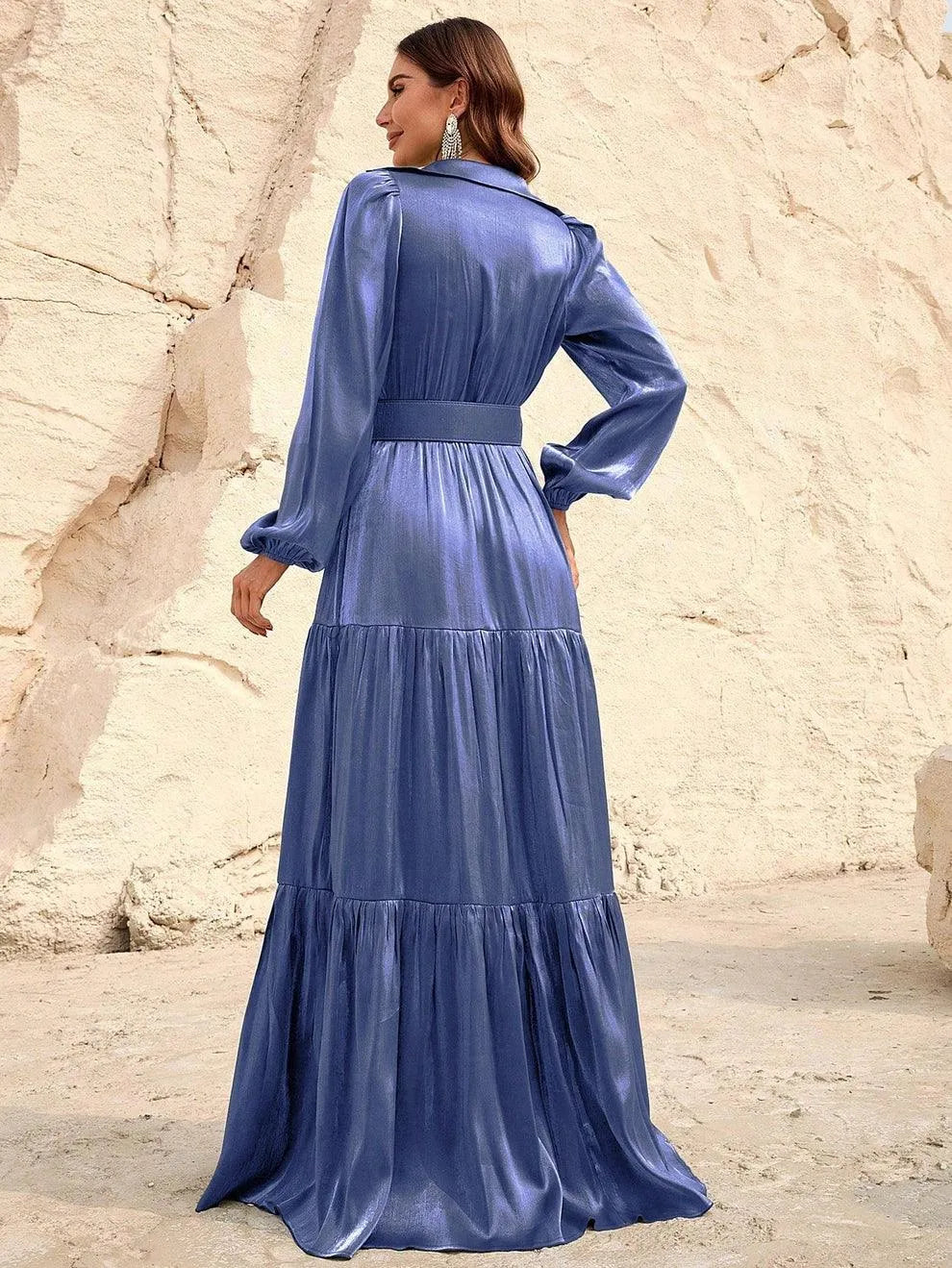 Elegant Bishop Sleeves Ruffle Hem Belted Dress - Elonnashop