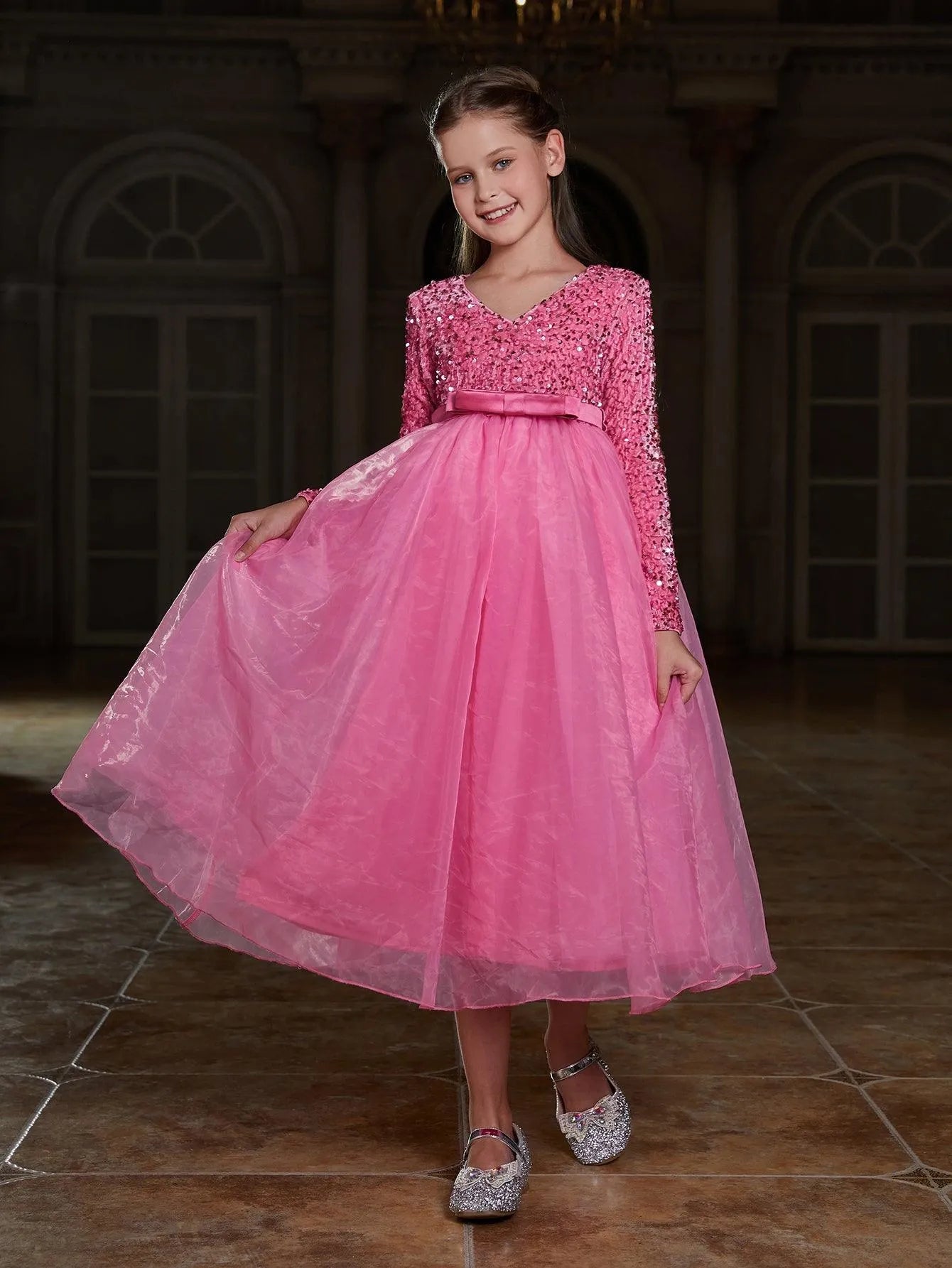 Tween Girls' V Neck Long Sleeve A Line Prom Dress - Elonnashop