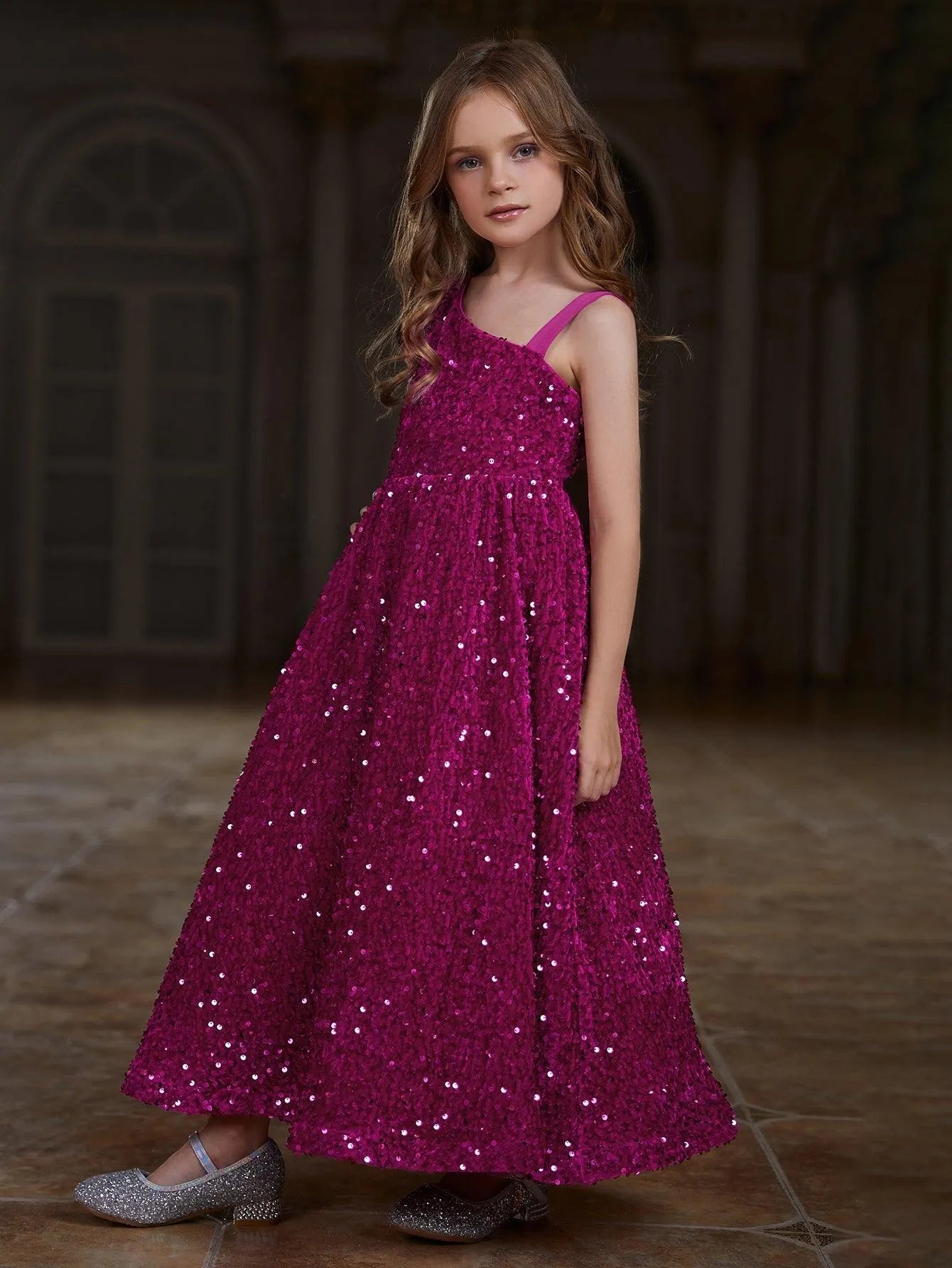 Tween Girls' Asymmetrical Neckline Sleeveless Sequin Party Dress - Elonnashop