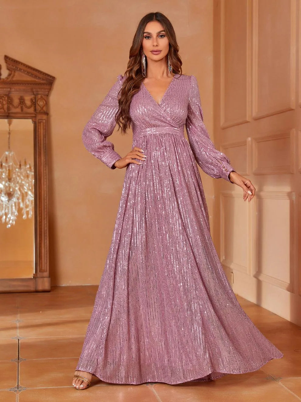 Elegant V Neck Long Sleeves Sequin A Line Dresses - Elonnashop