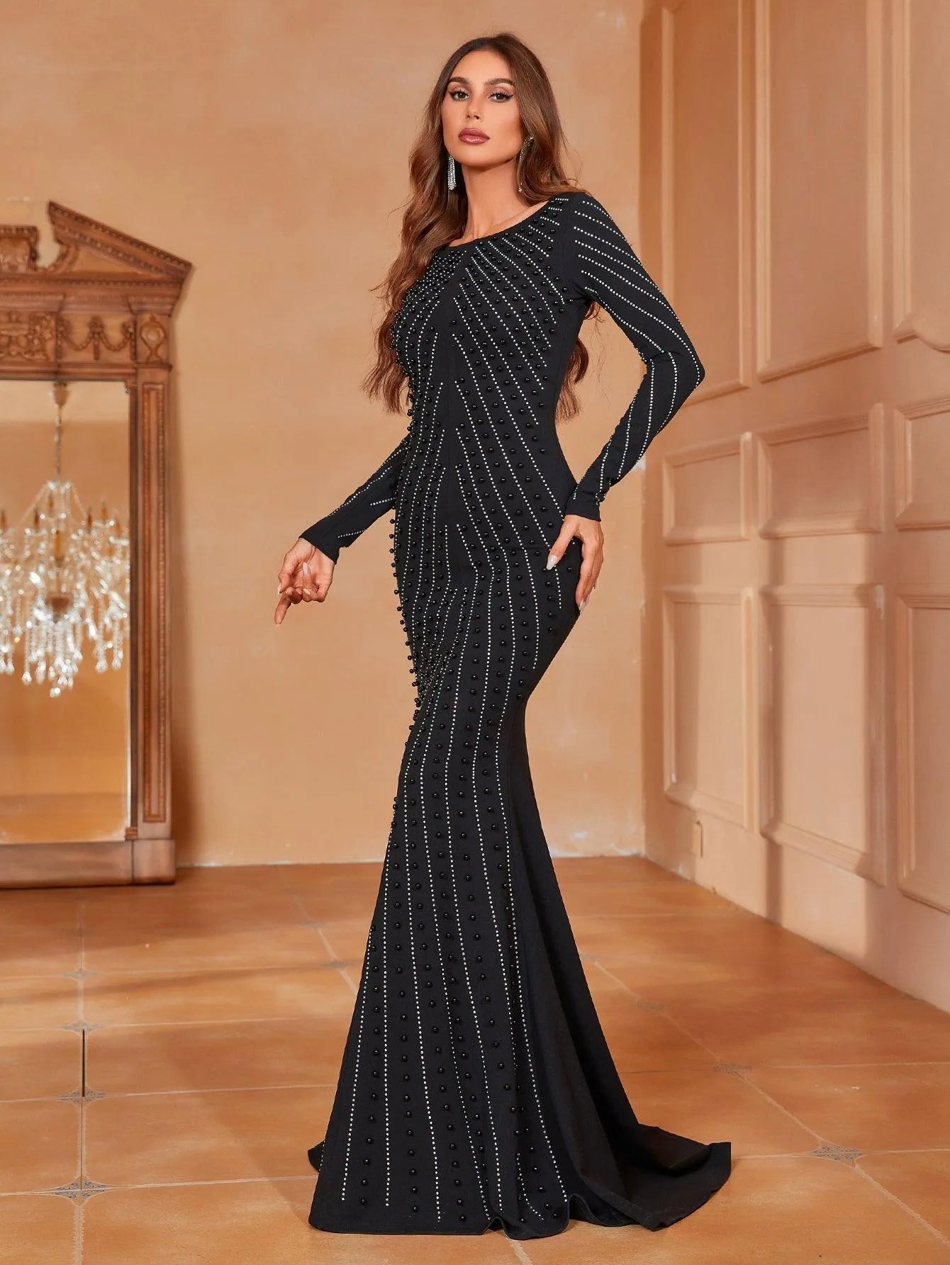 Rhinestone Detail Long Sleeve Mermaid Dresses - Elonnashop