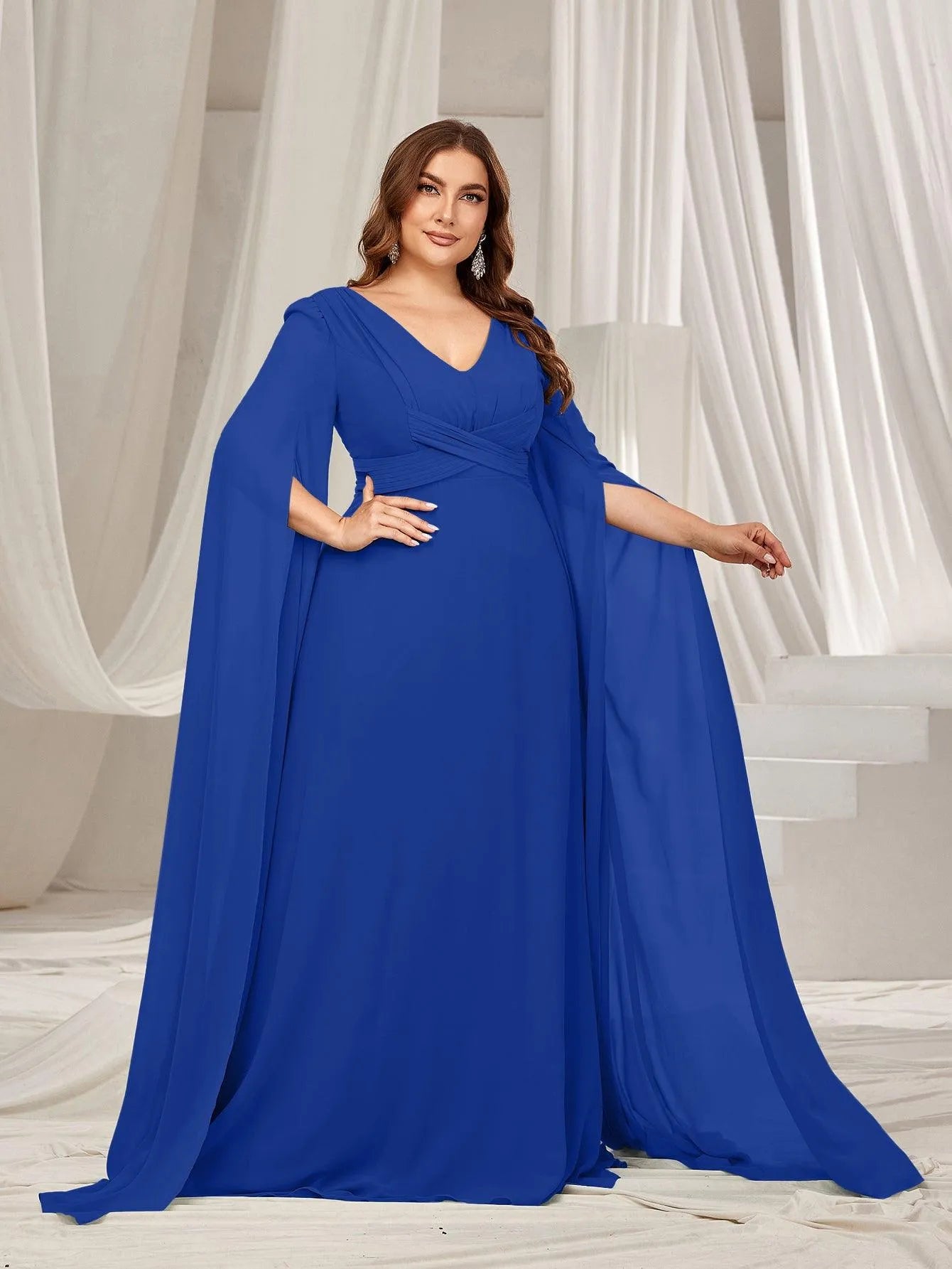 Plus Solid Ruched Front Extra-Long Sleeves Chiffon Prom Dress Elonnashop Plus Solid Ruched Front Extra-Long Sleeves Chiffon Prom Dress Elonnashop
