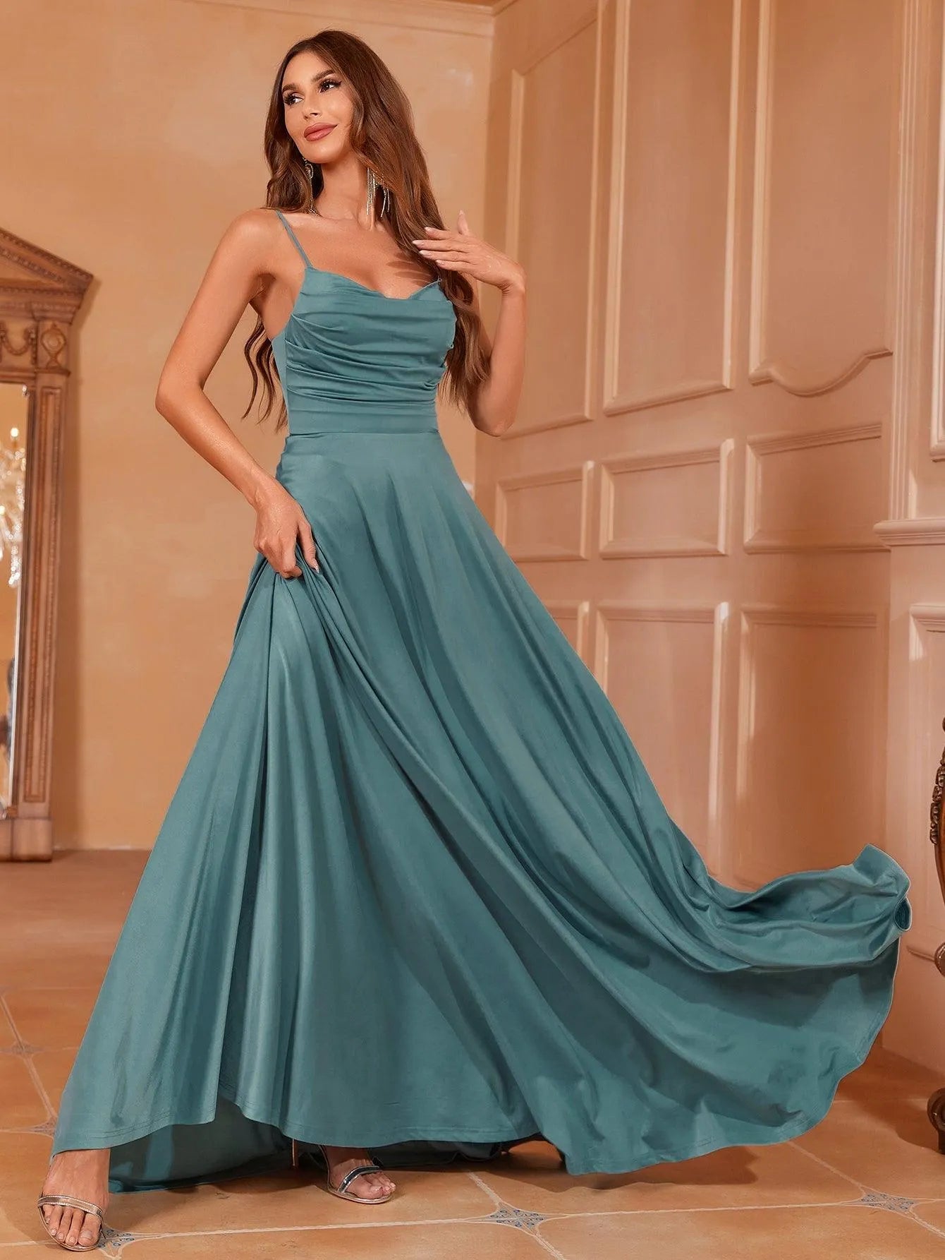 Elegant Ruched Draped Collar Cami Bridesmaid Dress - Elonnashop