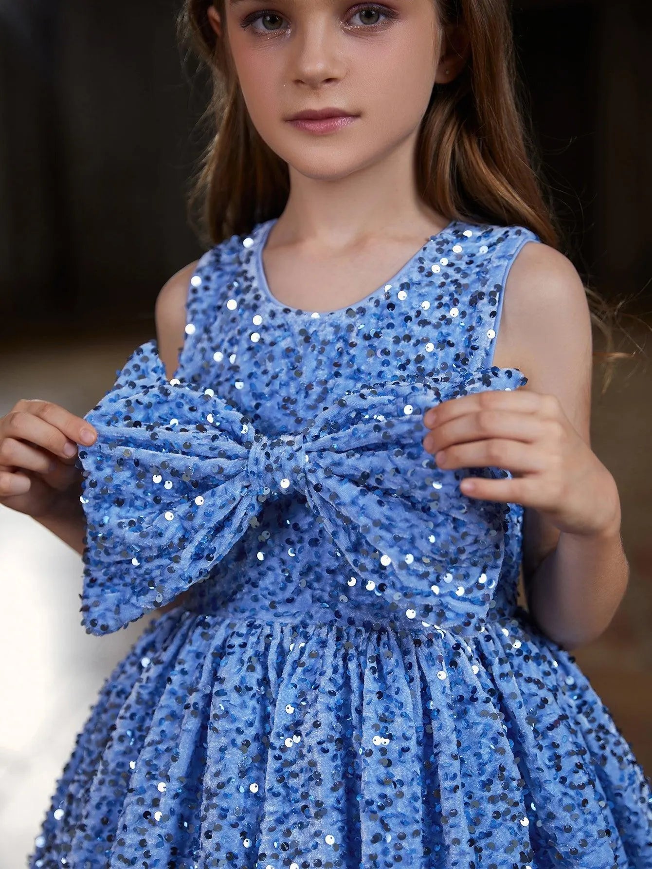 Tween Girls' Cute Sleeveless Bow Front Sequin Party Dress - Elonnashop