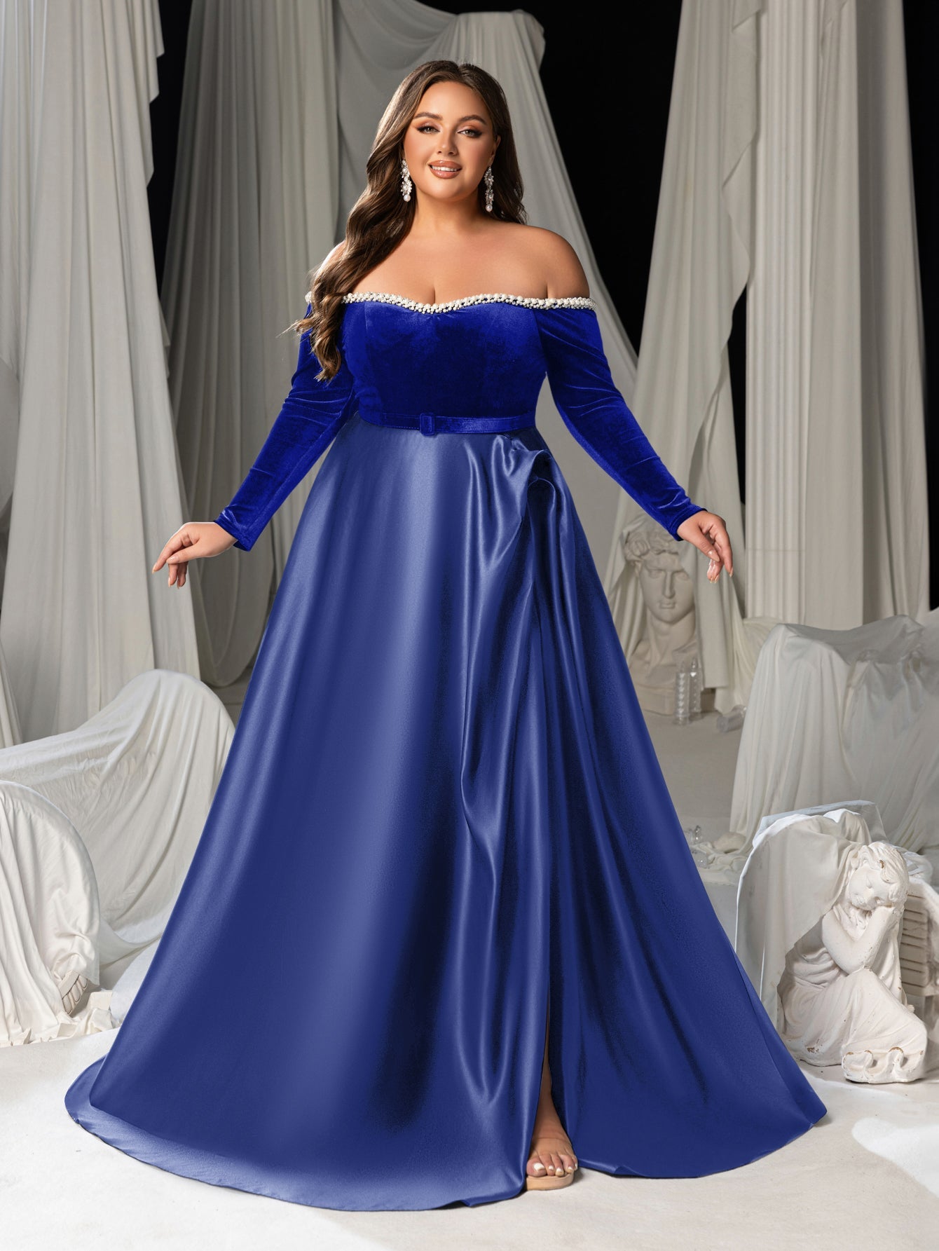 Plus Women's Pearl Accented Off-The-Shoulder Formal Gown Long