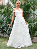 Off Shoulder Floral Applique Mesh Wedding Dress - Elonnashop