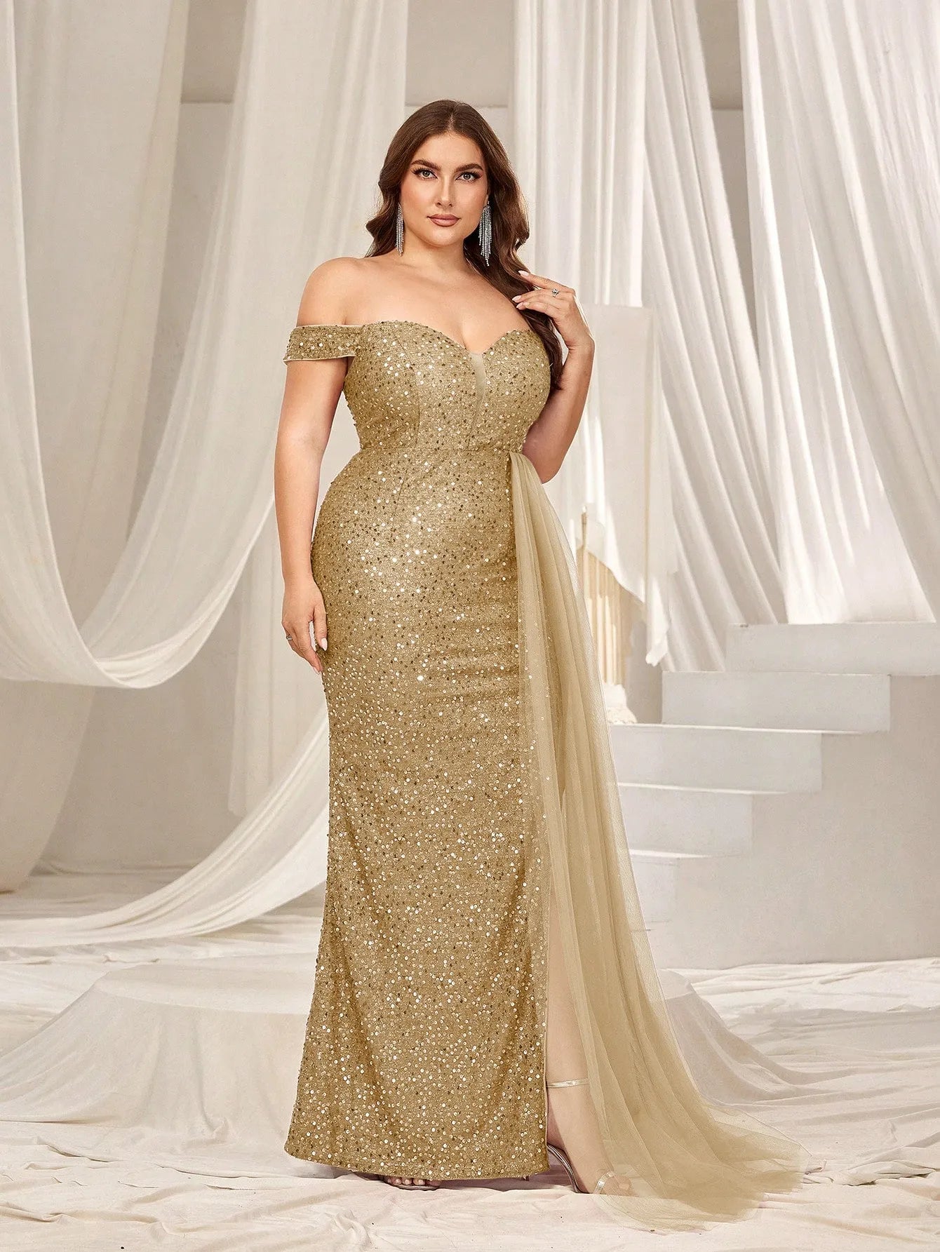 Plus Elegant Off Shoulder Split Thigh Sequin Formal Dress