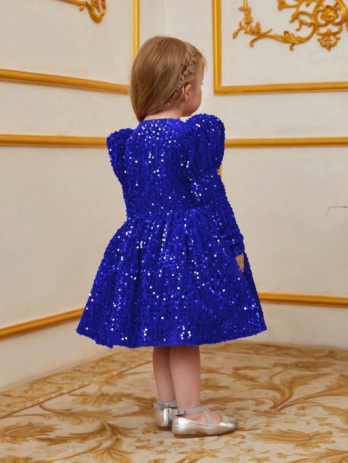 Young Girls' Gigot Sleeve Bow Decor Sequin Midi Dress - Elonnashop