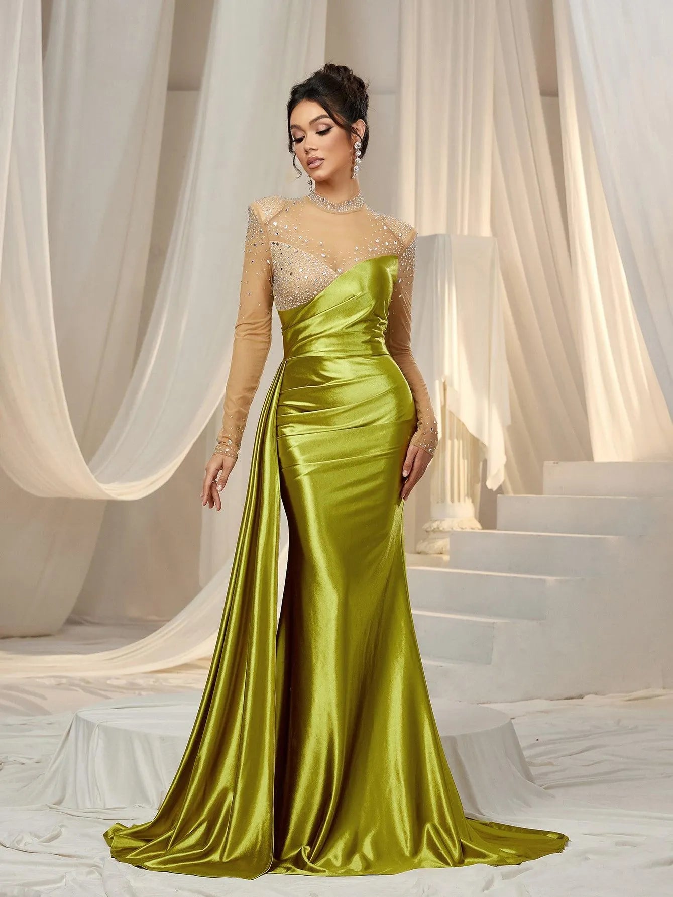 Rhinestone Detail Mock Neck Satin Mermaid Prom Dress - Elonnashop