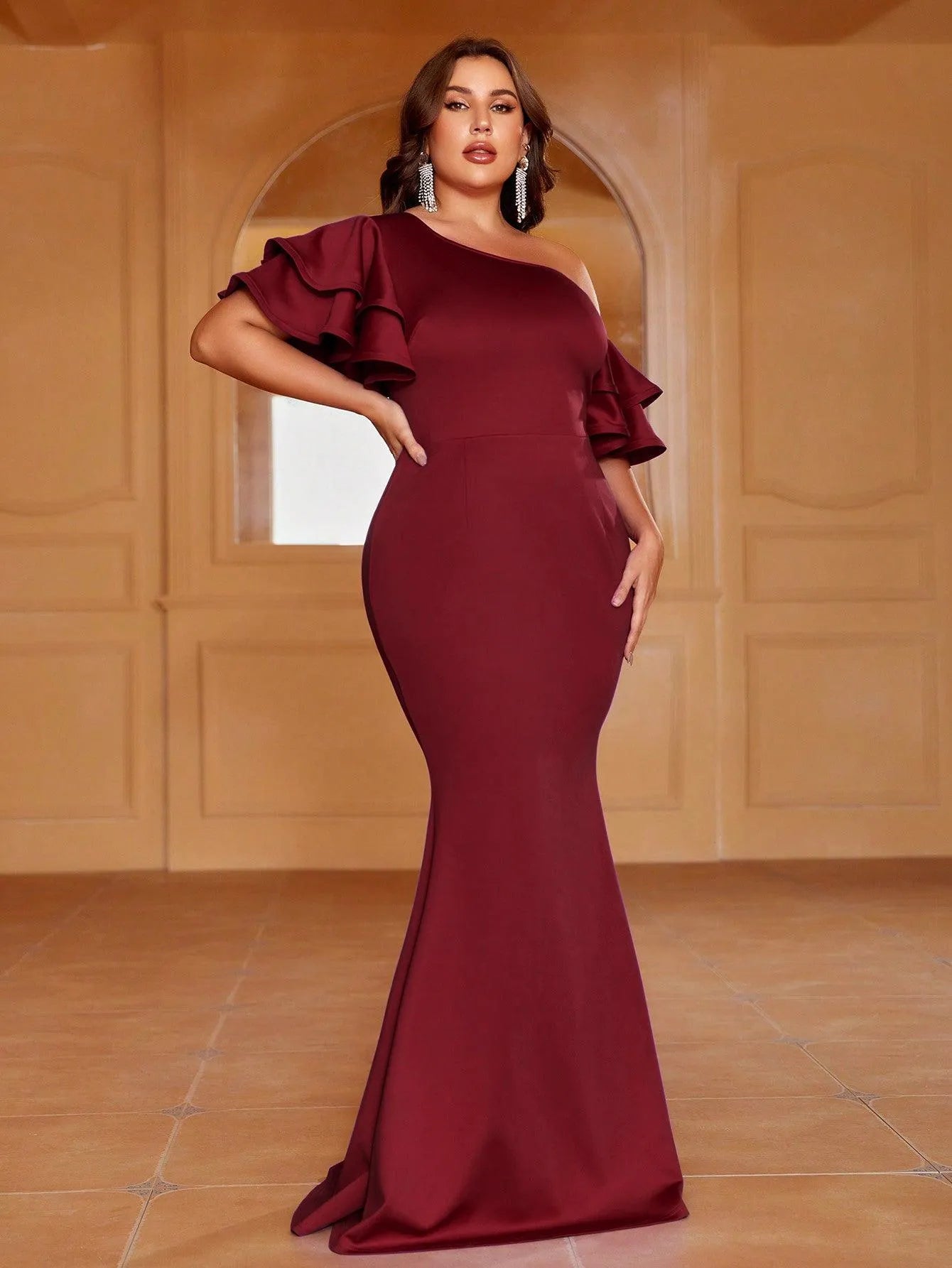 Plus Ruffled Sleeves Mermaid Evening Dress - Elonnashop