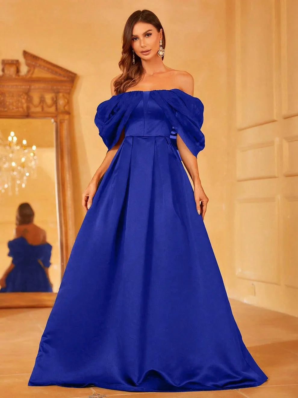 Off Shoulder Contrast Mesh Satin Formal Dress - Elonnashop