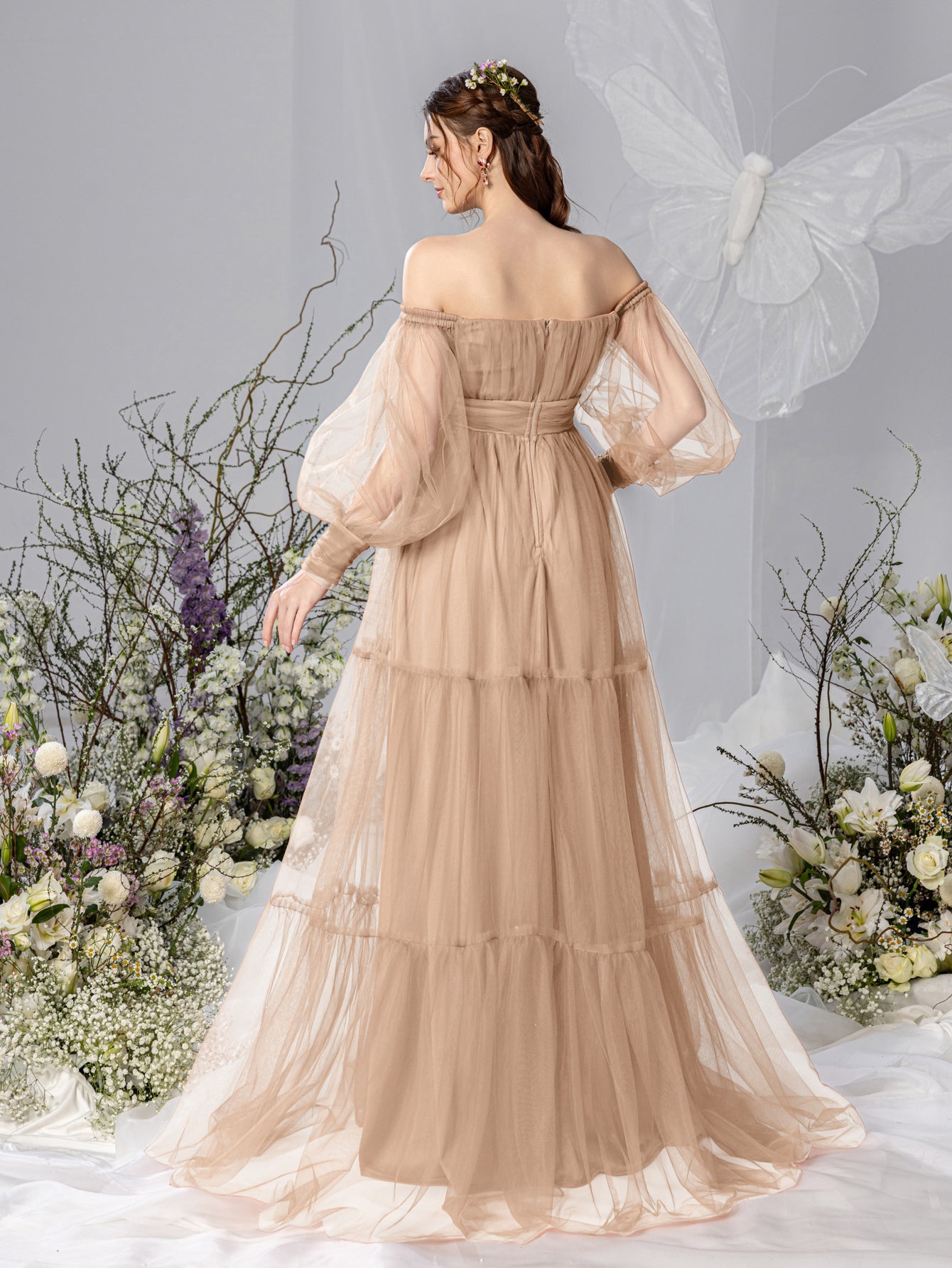 Maternity Off Shoulder Bishop Sleeves Layered Tulle Photography Dress