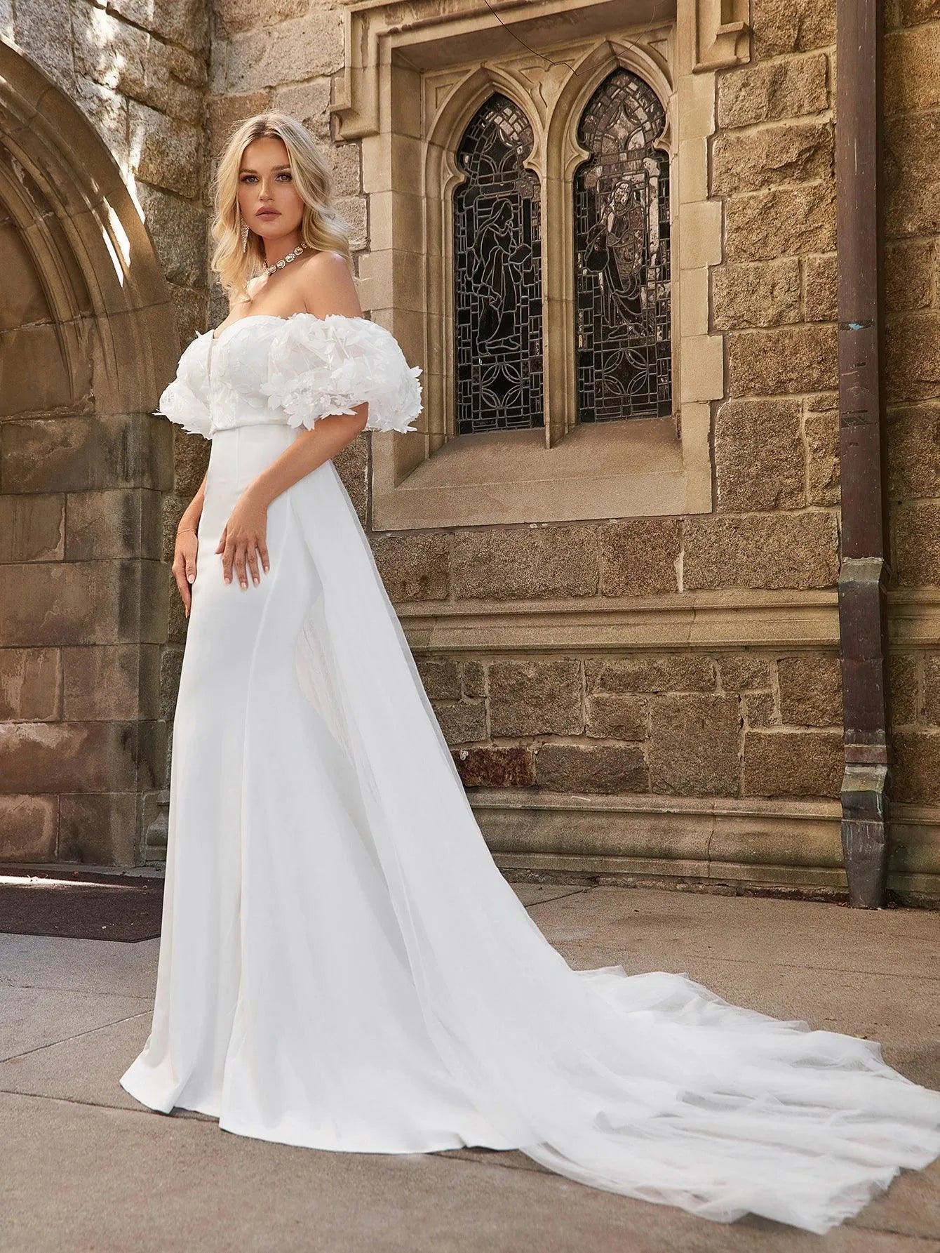 Off Shoulder Puff Sleeves Mesh Overlay Wedding Dress – Elonnashop