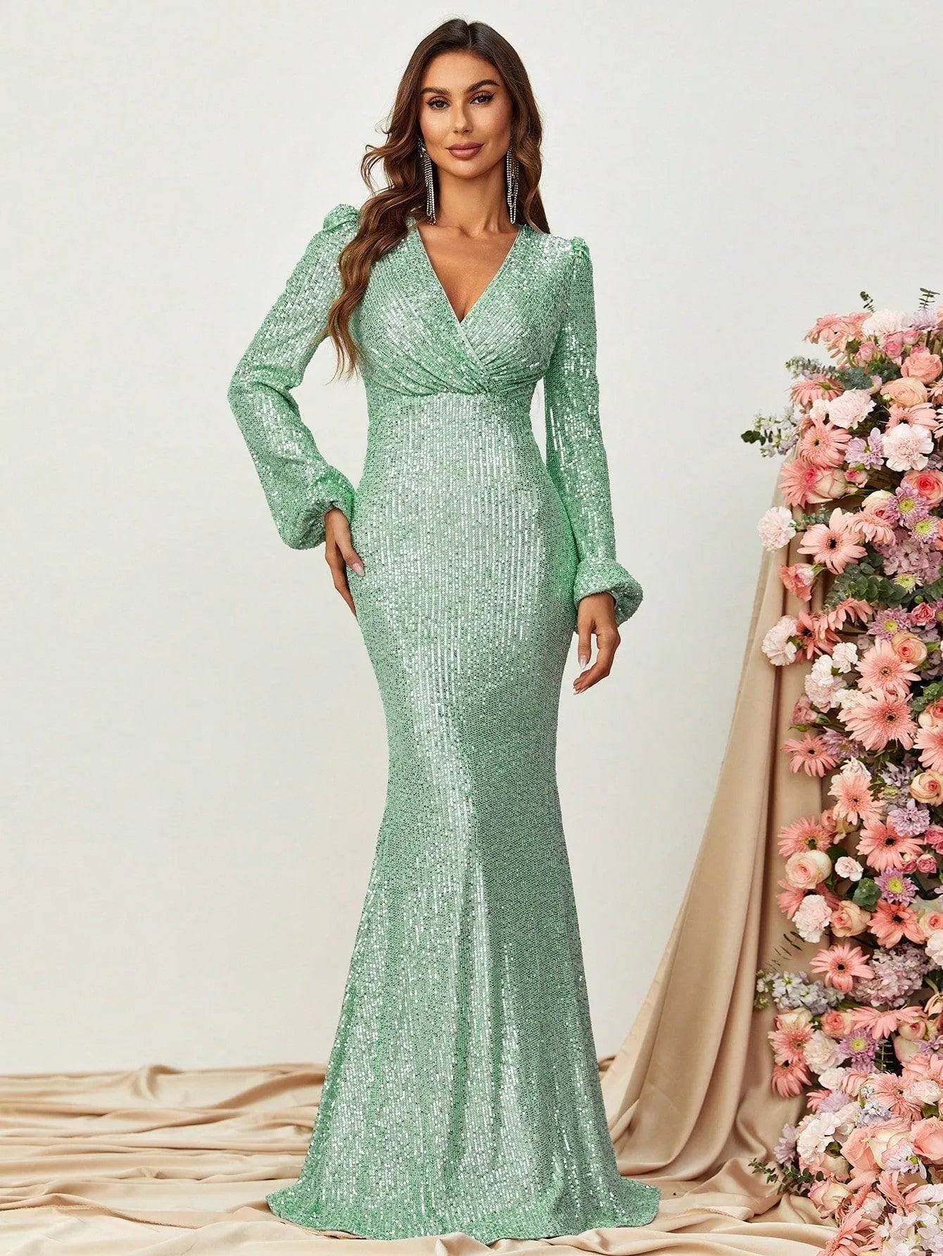 Surplice Neck Lantern Sleeves Sequin Mermaid Dress - Elonnashop