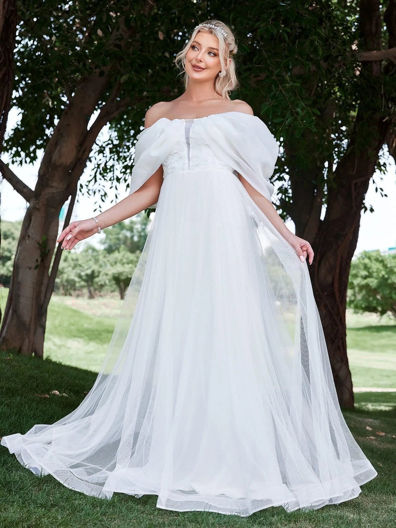 Floral Applique Off Shoulder Mesh Wedding Dress Elonnashop Floral Applique Off Shoulder Mesh Wedding Dress Elonnashop