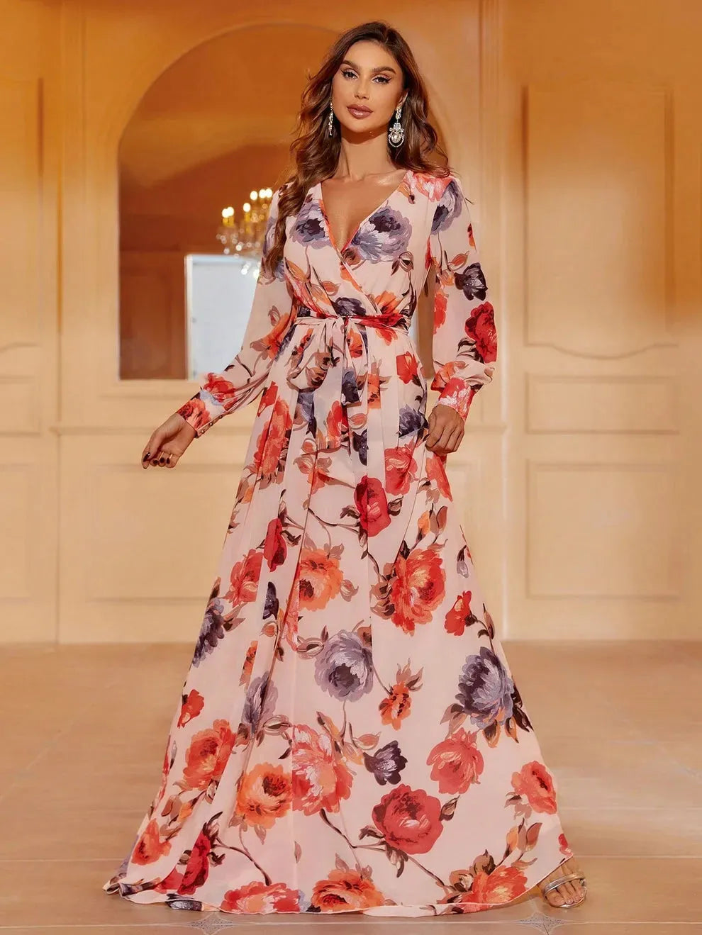 Elegant V Neck Long Sleeves Floral Print Chiffon Belted Dress