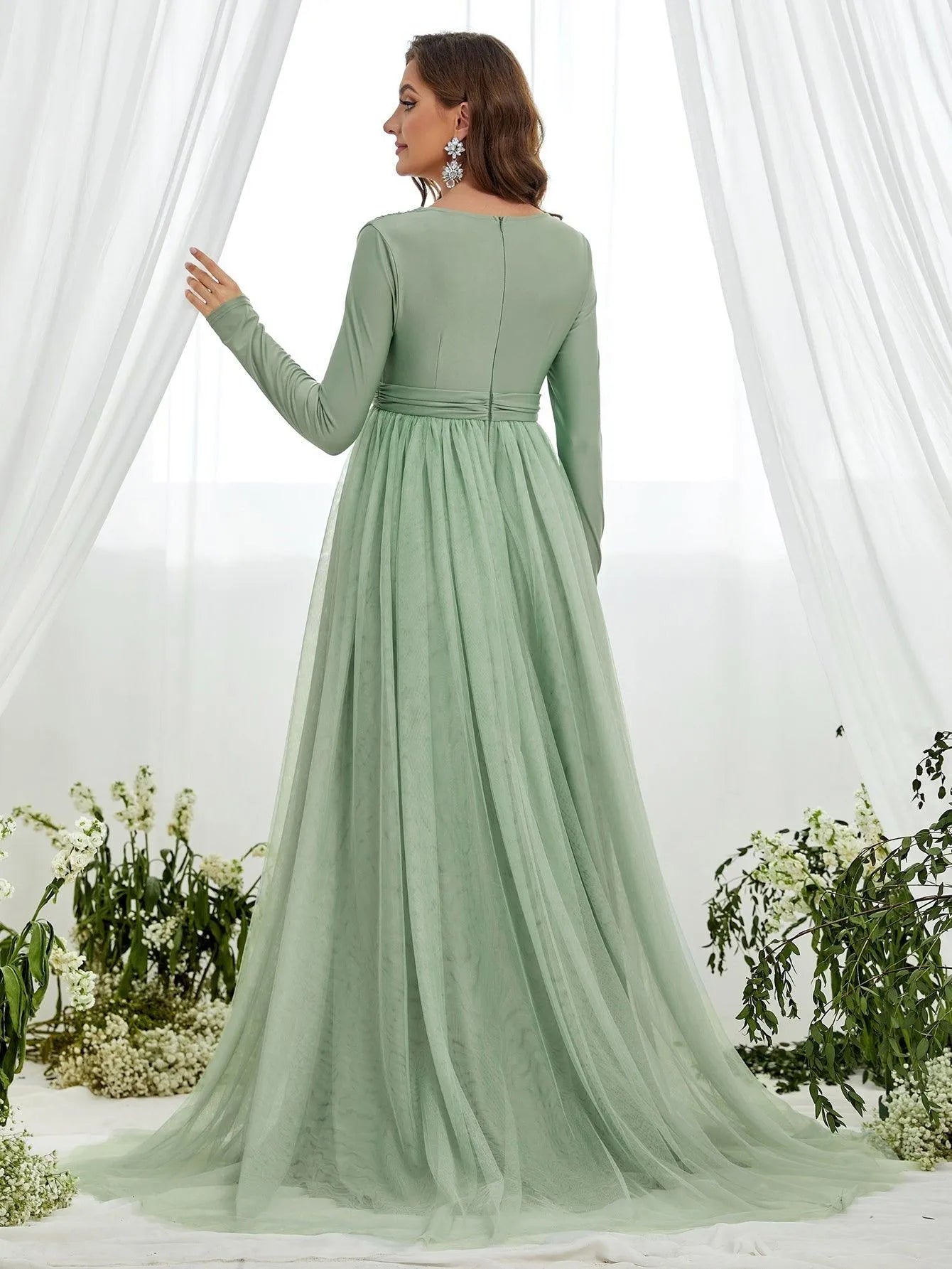 Maternity Plunging Neck Long Sleeve Contrast Mesh Formal Dress – Elonnashop Maternity Plunging Neck Long Sleeve Contrast Mesh Formal Dress – Elonnashop