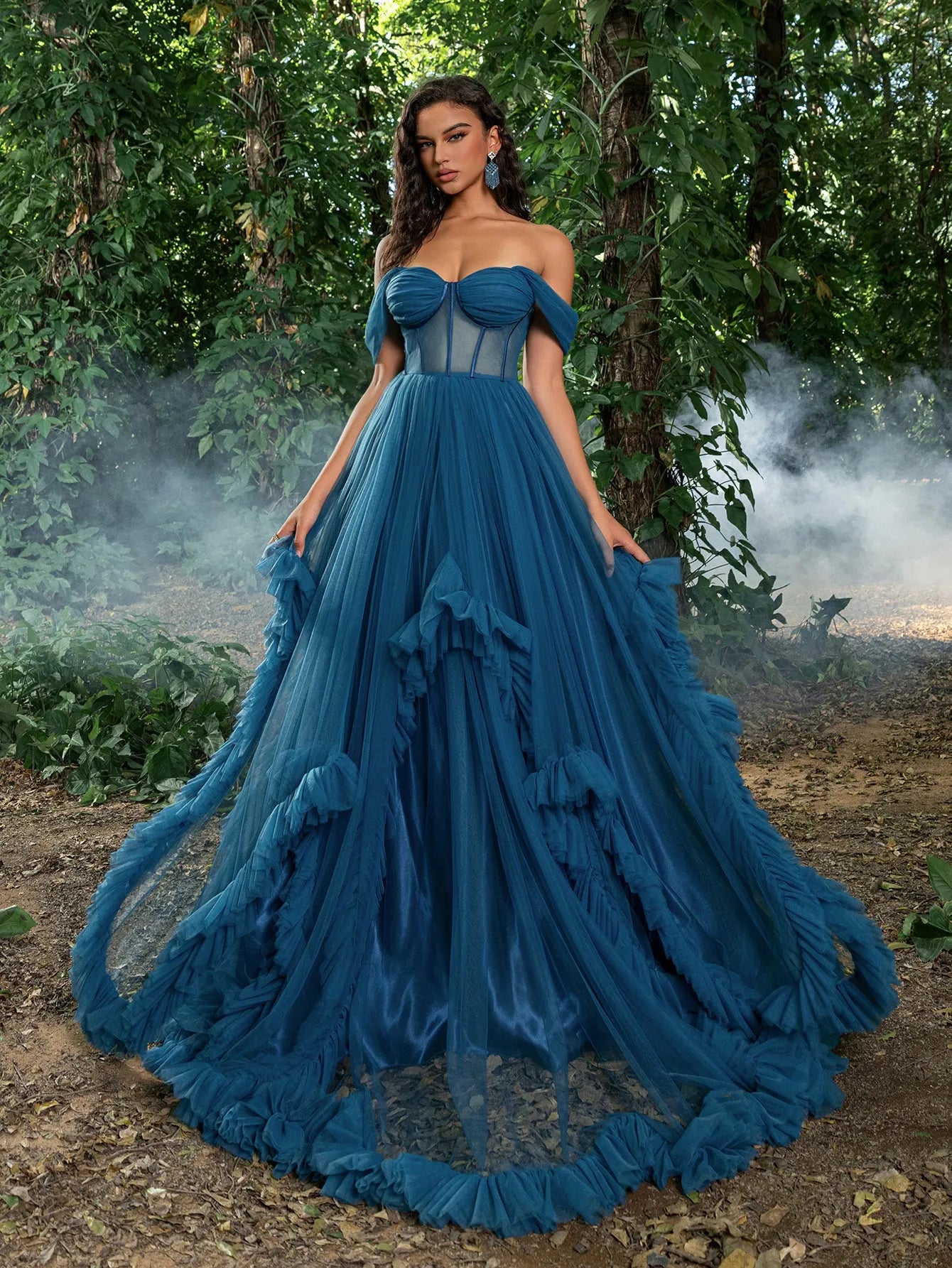 Gorgeous Off Shoulder Sheer Corset Bodice Ruffle Trim Tulle Prom Dress Teal Blue / L Gorgeous Off Shoulder Sheer Corset Bodice Ruffle Trim Tulle Prom Dress Teal Blue / L