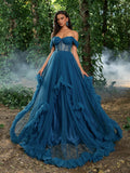 Gorgeous Off Shoulder Sheer Corset Bodice Ruffle Trim Tulle Prom Dress