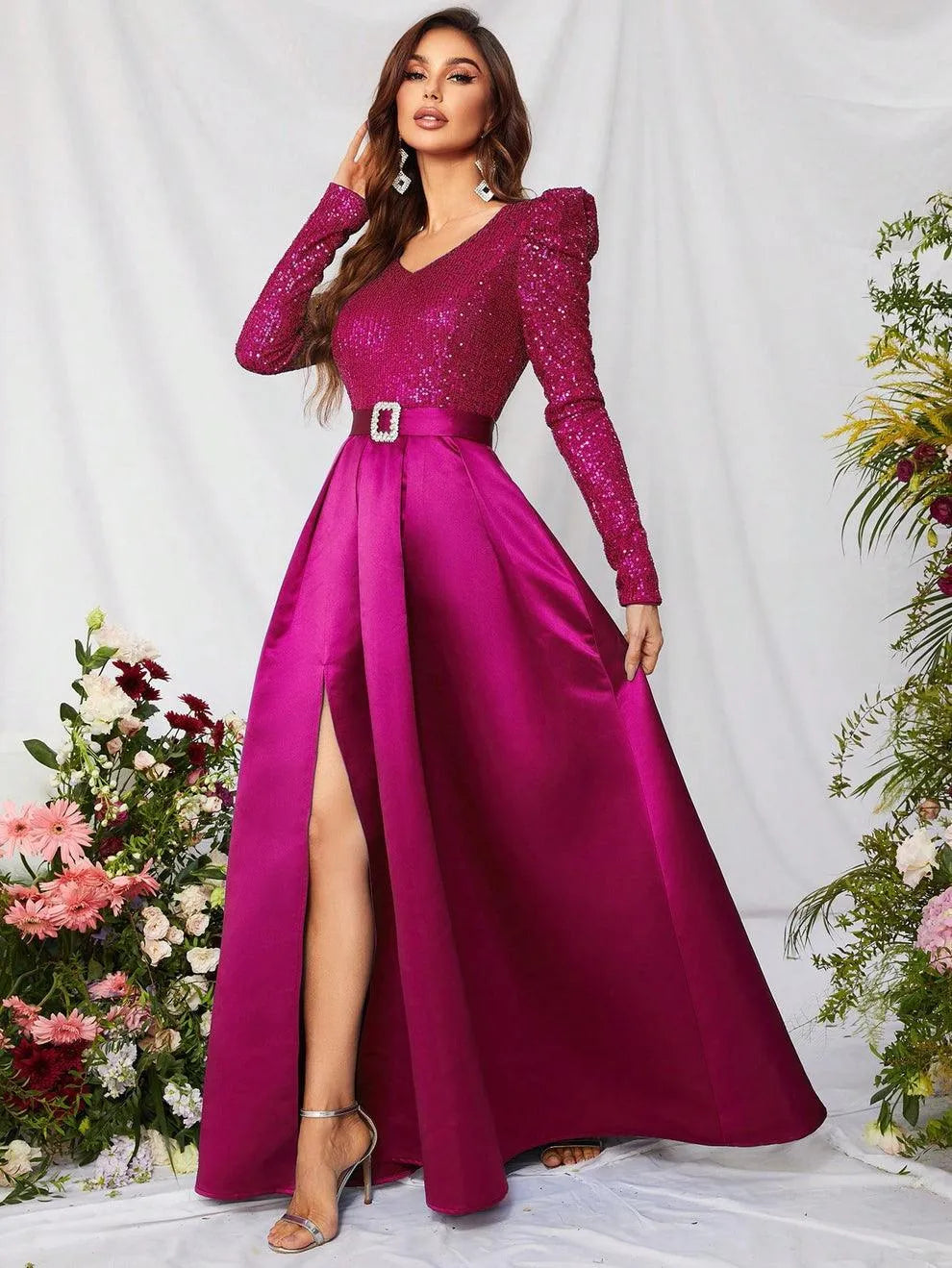 Elegant V Neck Gigot Sleeve Slit A Line Prom Dress Elonnashop Elegant V Neck Gigot Sleeve Slit A Line Prom Dress Elonnashop