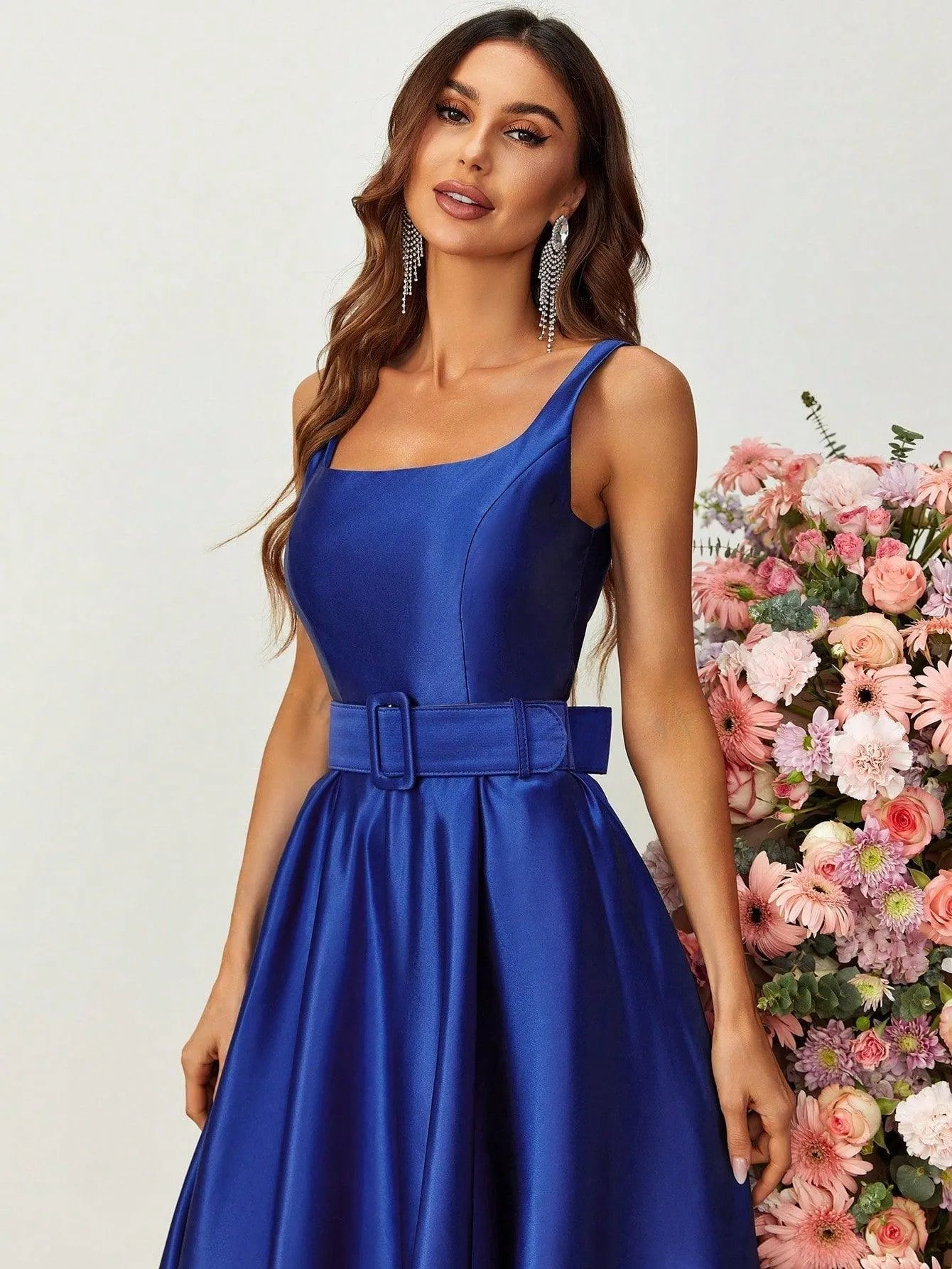 Square Collar Sleeveless Belt Satin Prom Dress - Elonnashop