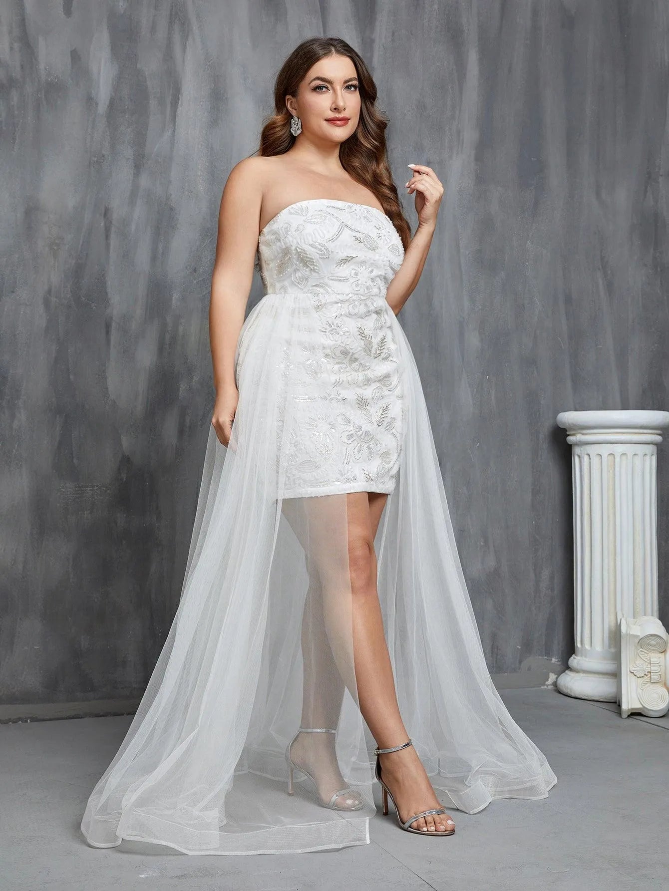 Plus Mesh Overlay Sequin Tube Wedding Dress - Elonnashop