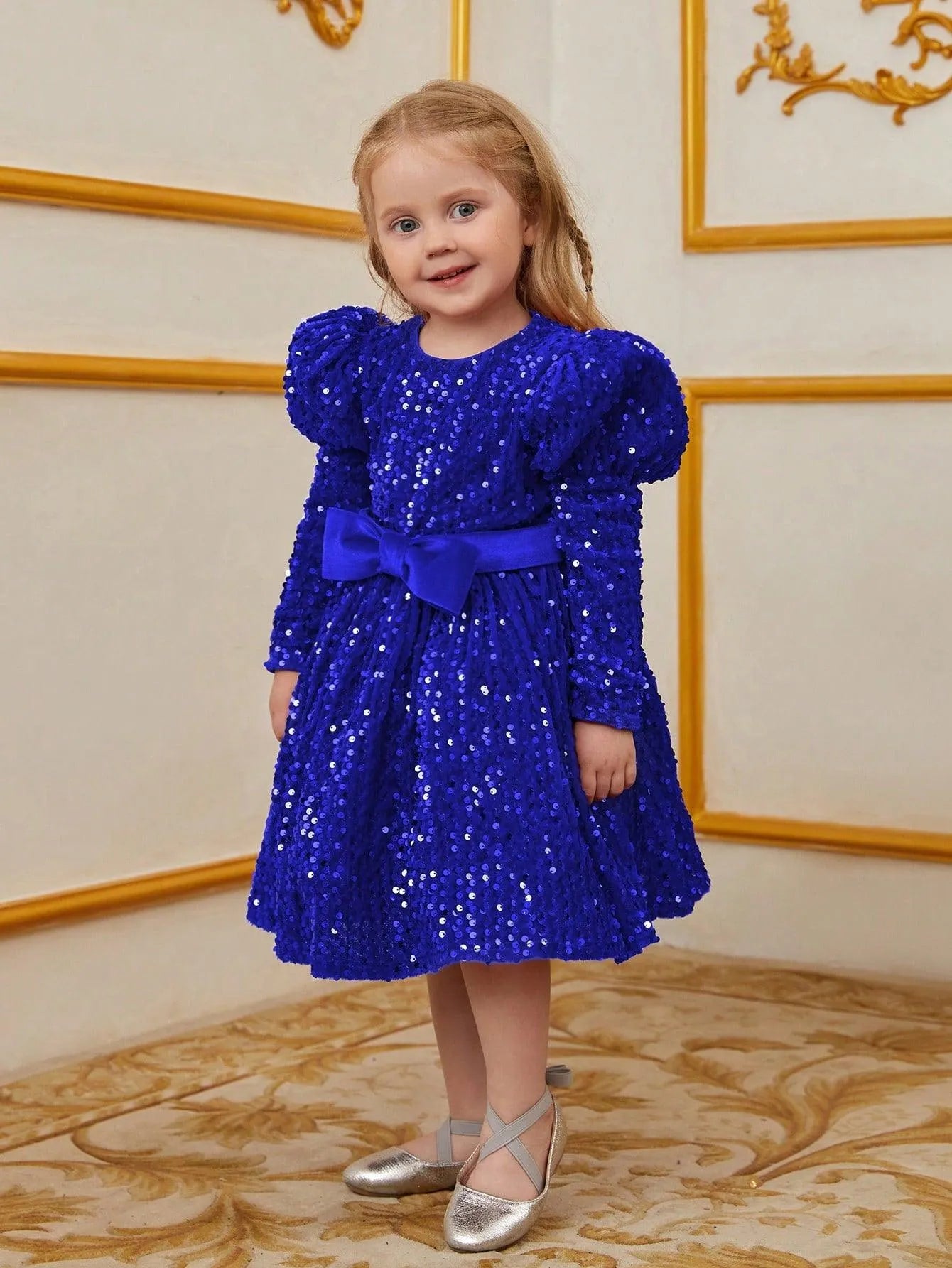 Young Girls' Gigot Sleeve Bow Decor Sequin Midi Dress - Elonnashop