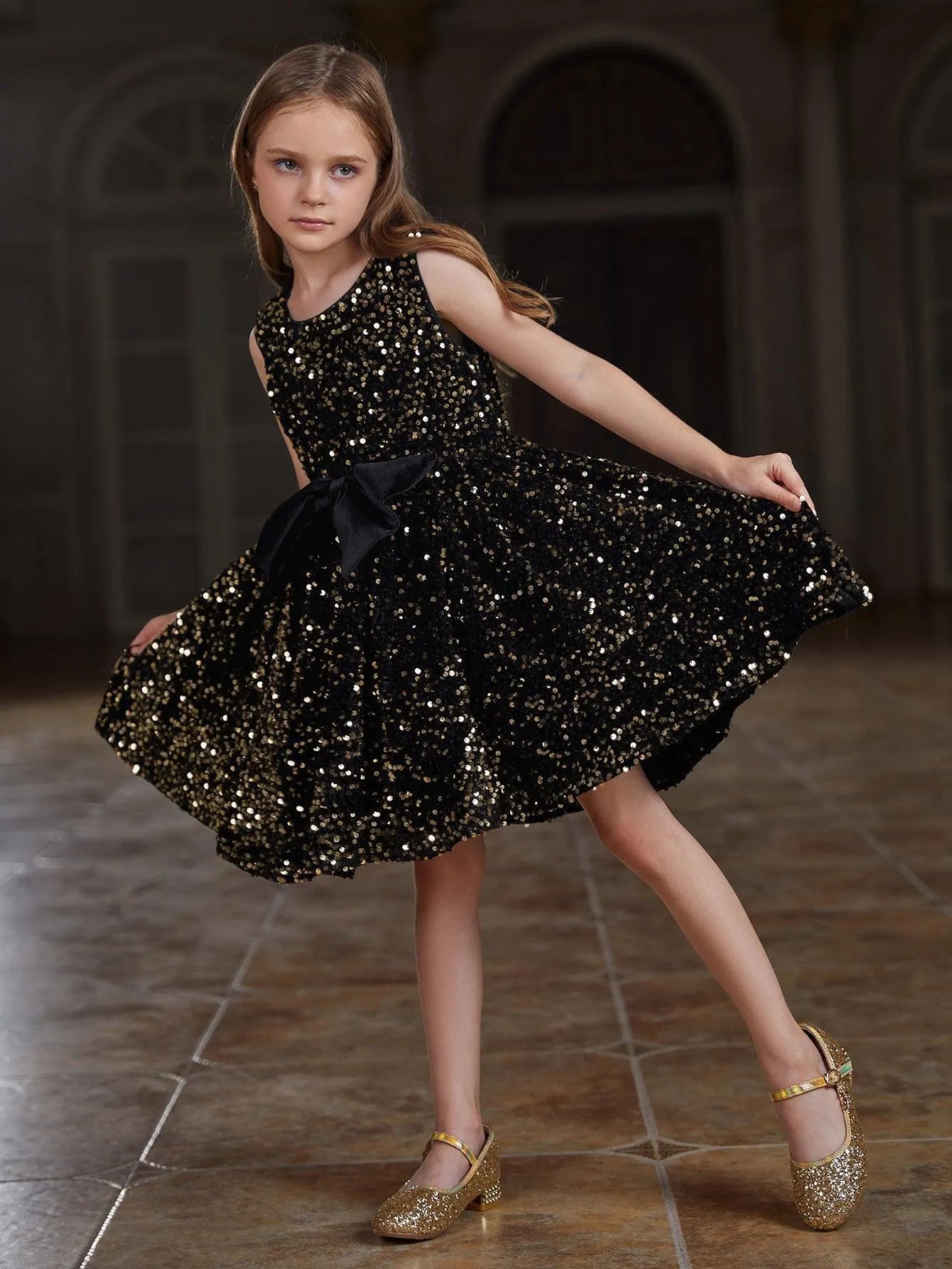 Tween Girls' Cute Sleeveless Bow Front Sequin A Line Dress - Elonnashop