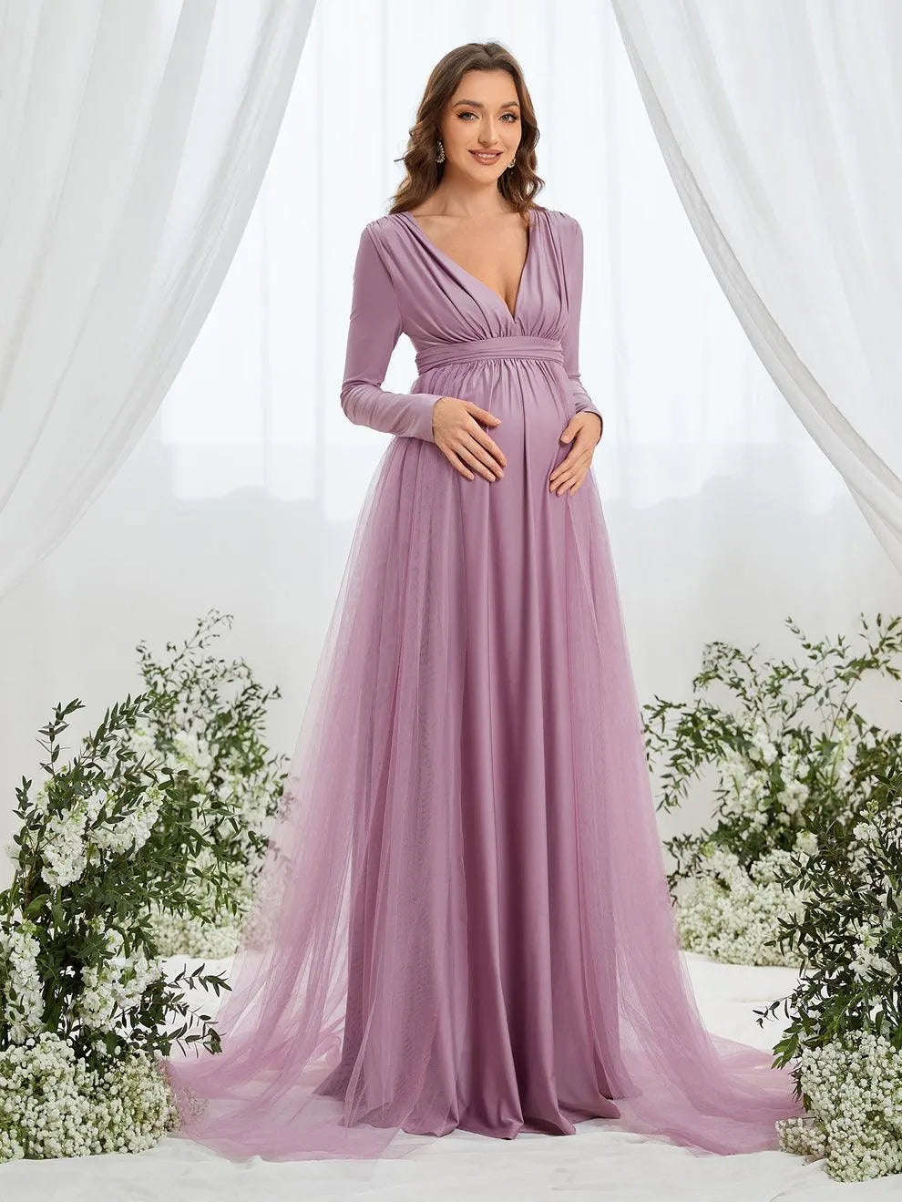 Maternity Plunging Neck Long Sleeve Contrast Mesh Formal Dress - Elonnashop