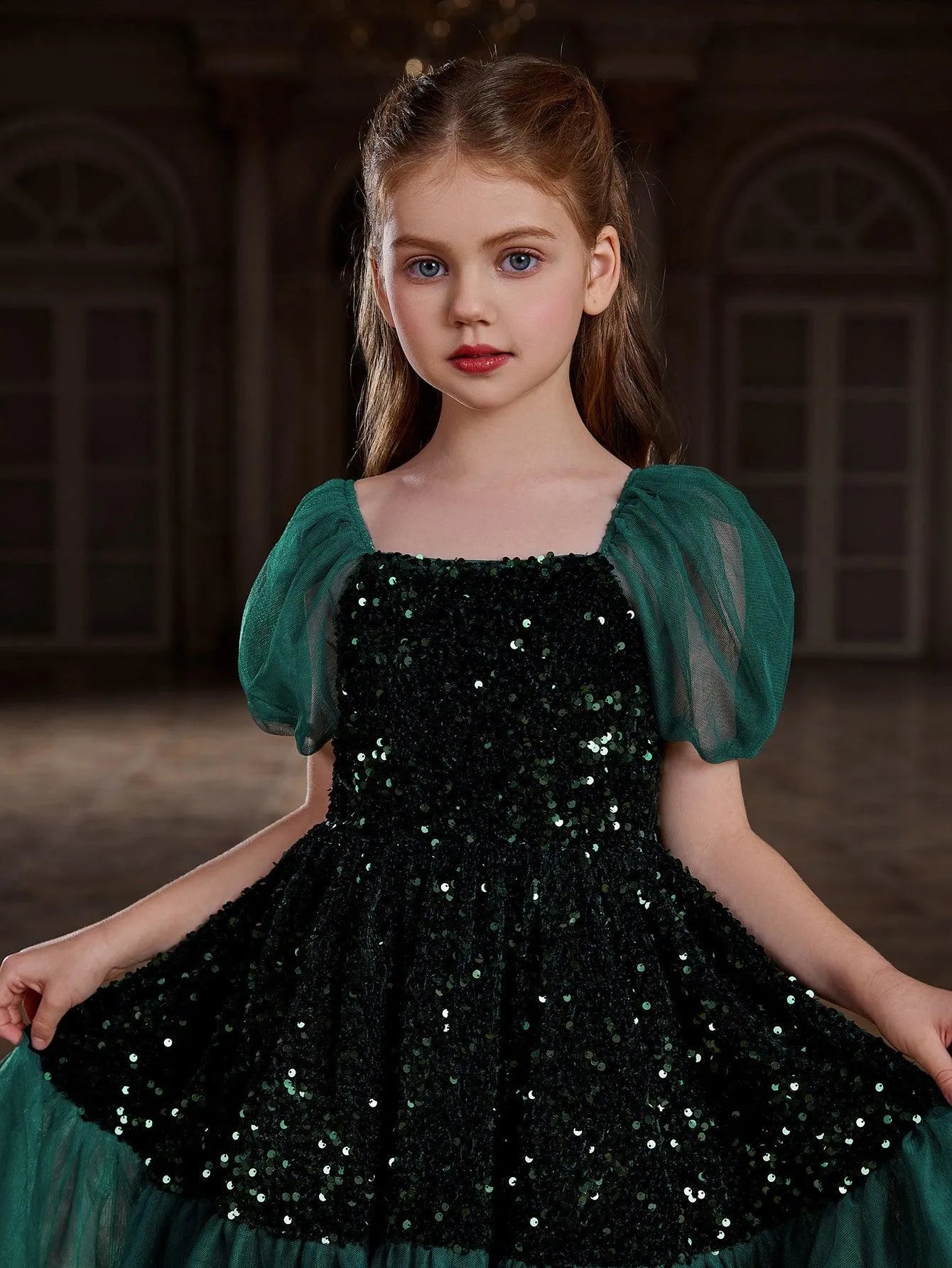 Tween Girls' Puff Sleeves Contrast Mesh Sequin Party Dress - Elonnashop