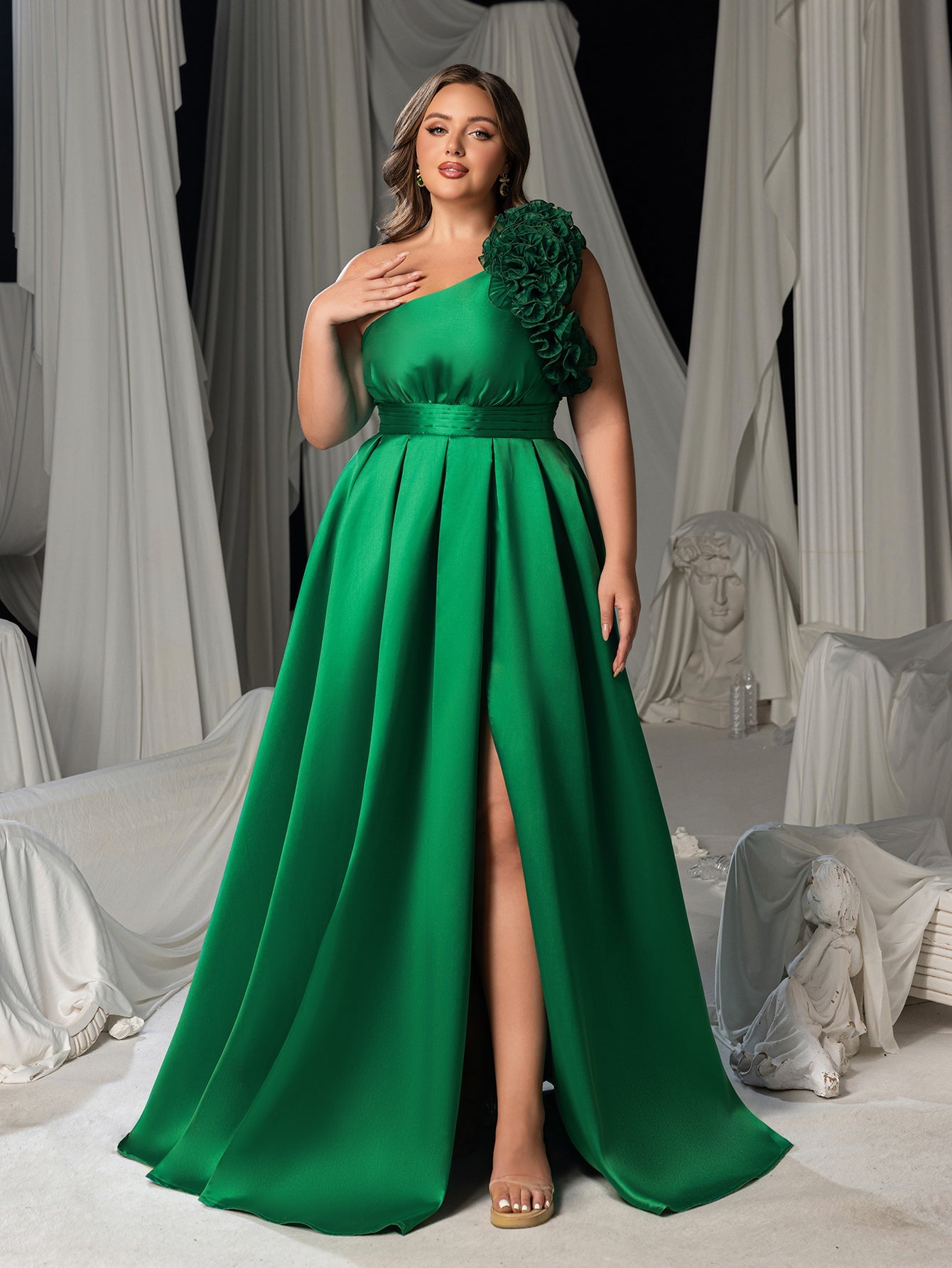 Plus Women's One Shoulder Formal Dress | Statement Ruffle Trim Accent | Corset Back & High Split