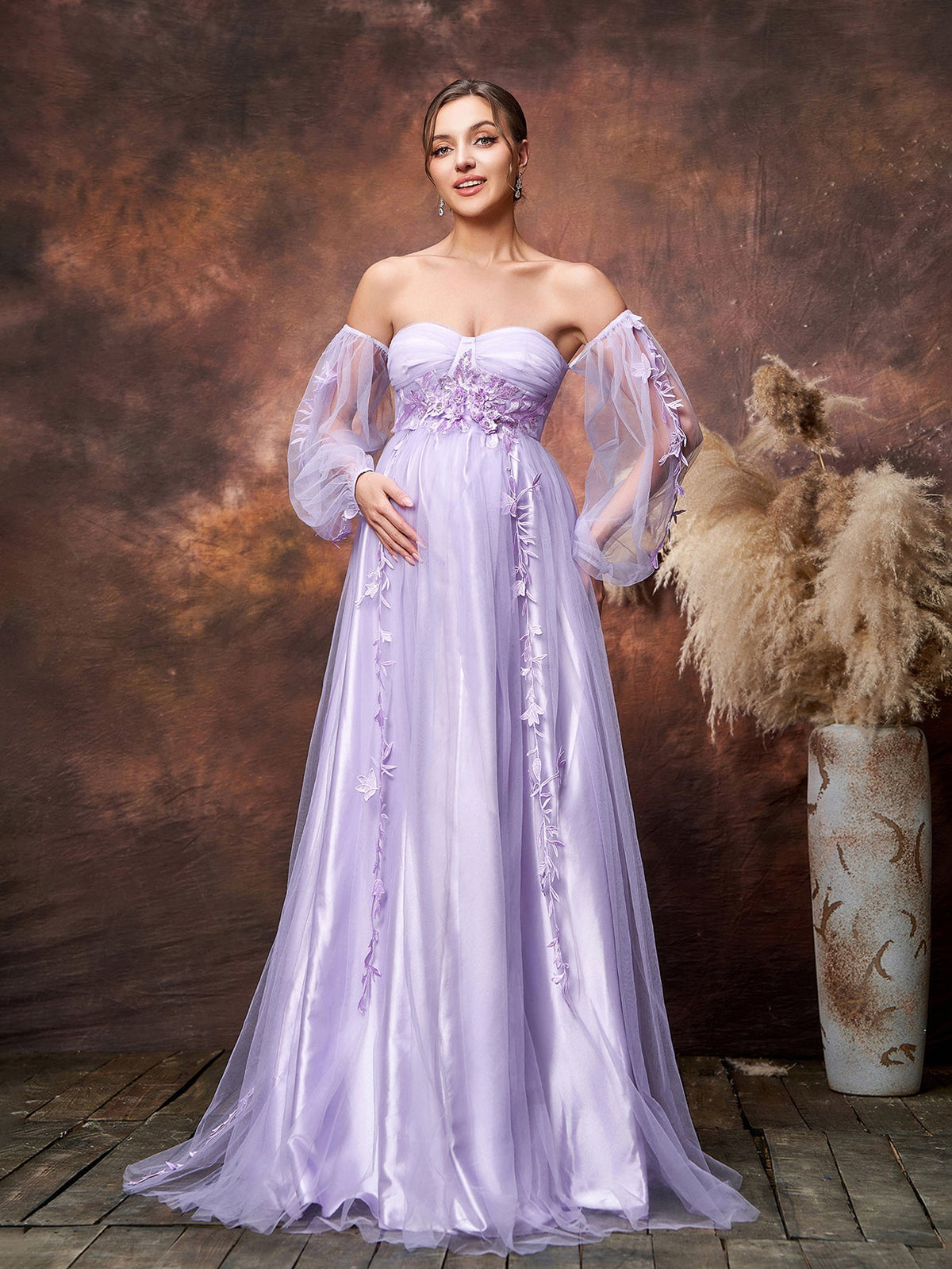 Maternity Applique Details Off Shoulder Lantern Sleeves Tulle Evening Dress