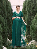 Maternity Mesh Overlay Puff Sleeves Sequin Prom Dress - Elonnashop