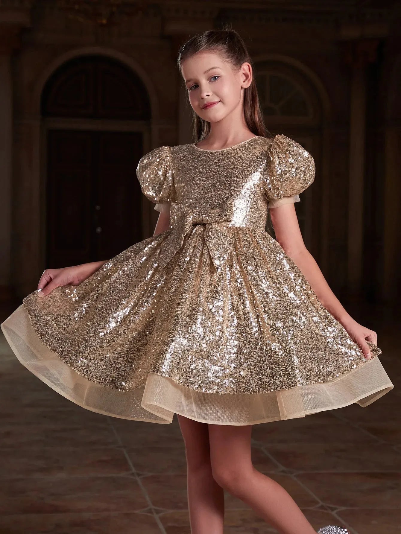 Tween Girls' Cute Bow Front Puff Sleeve Sequin Party Dress