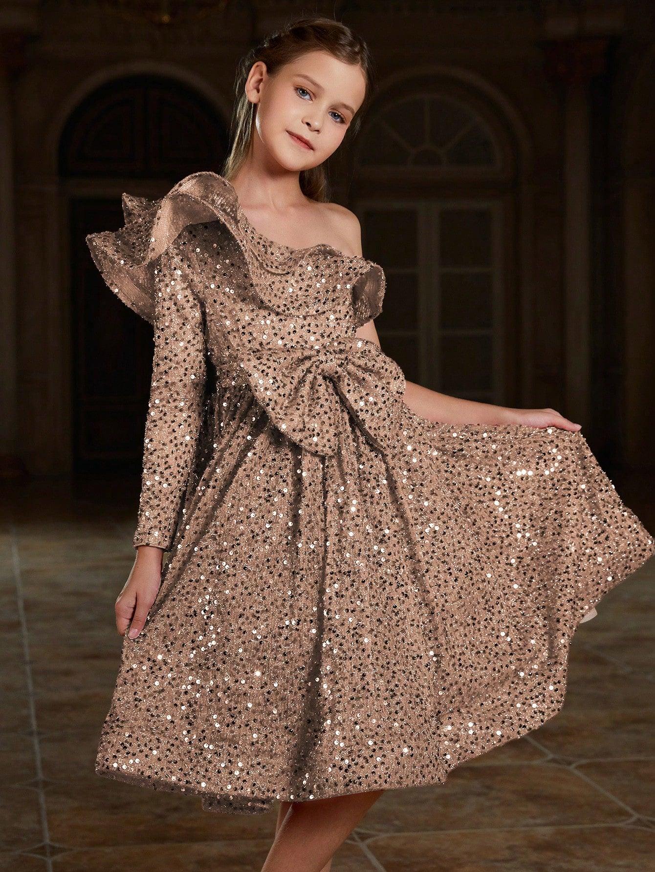 Tween Girls' One Shoulder Layered Ruffle Trim Sequin Party Dress - Elonnashop