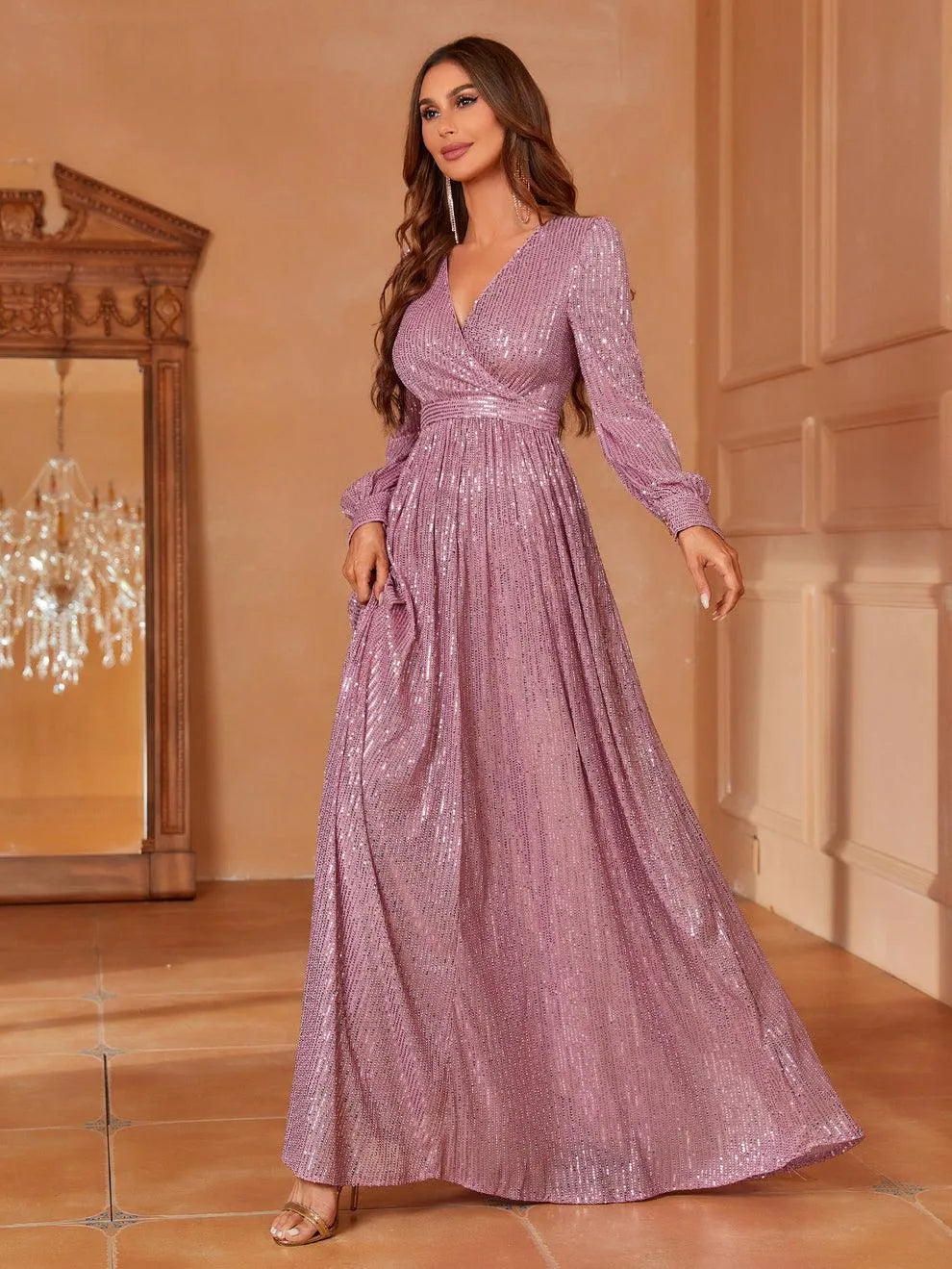 Elegant V Neck Long Sleeves Sequin A Line Dresses - Elonnashop