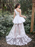 Gorgeous One Shoulder Satin Bodice Contrast Applique Tulle Overlay Wedding Dress - Elonnashop