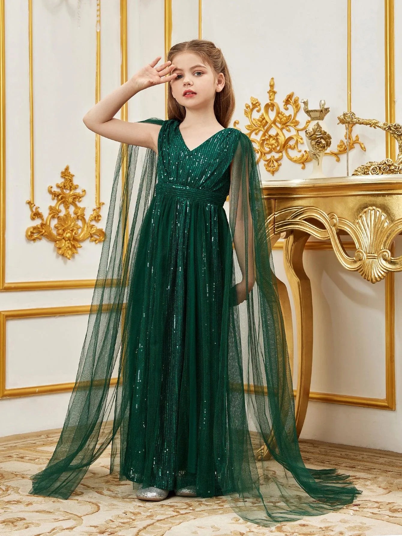 Tween Girls' Contrast Mesh Cape Sleeves Sequin Party Dress Pink / 10Y Tween Girls' Contrast Mesh Cape Sleeves Sequin Party Dress Pink / 10Y