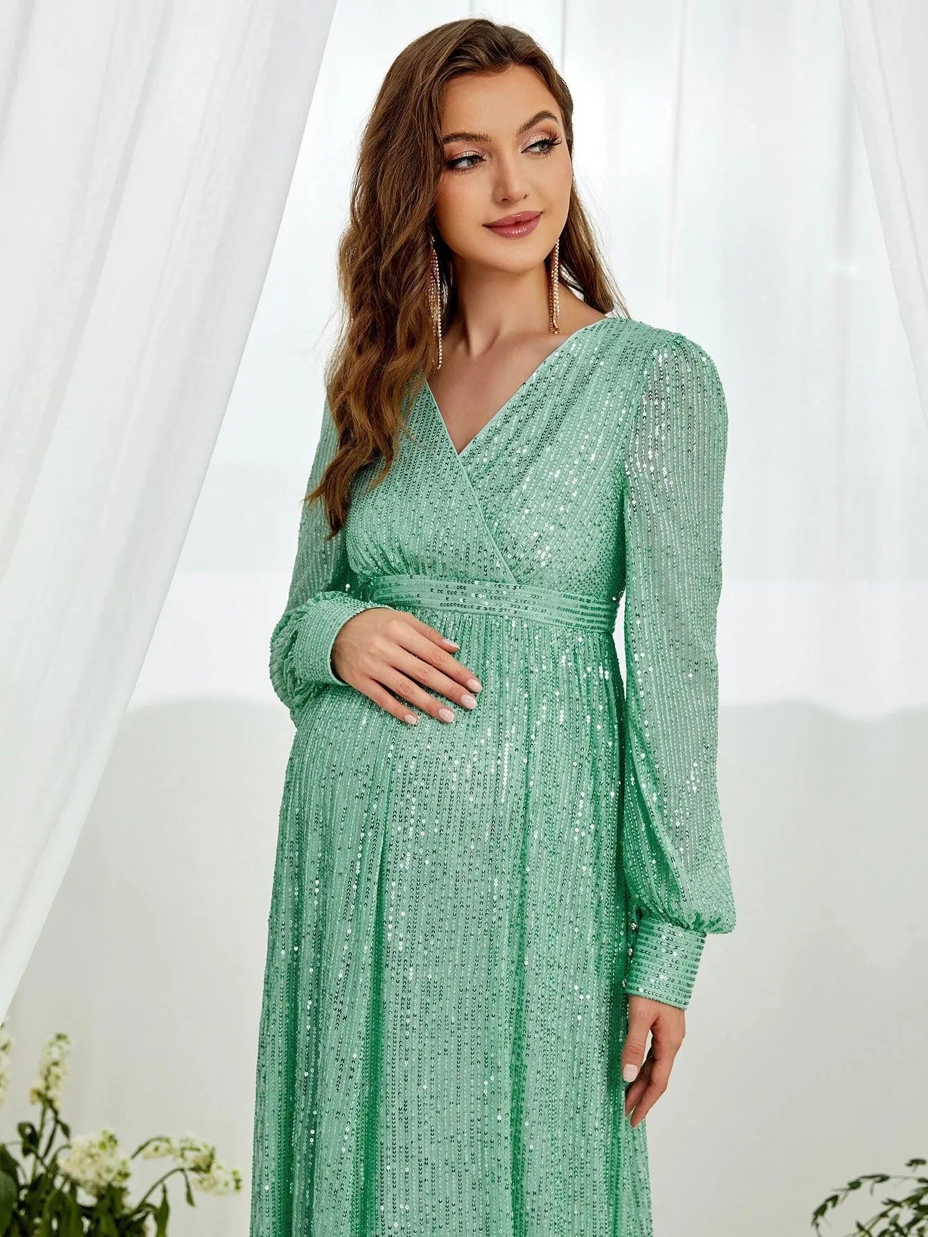 Maternity V Neck Lantern Sleeve Sequin Formal Dress - Elonnashop