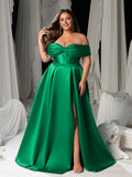 Plus Women's Satin Off-Shoulder Evening Dress | High Slit & Back Lacing Gown