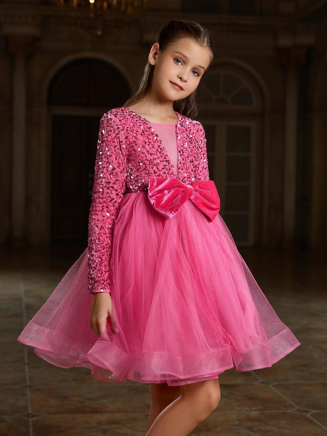 Tween Girls' Cute Bow Front Long Sleeve Party Dress - Elonnashop