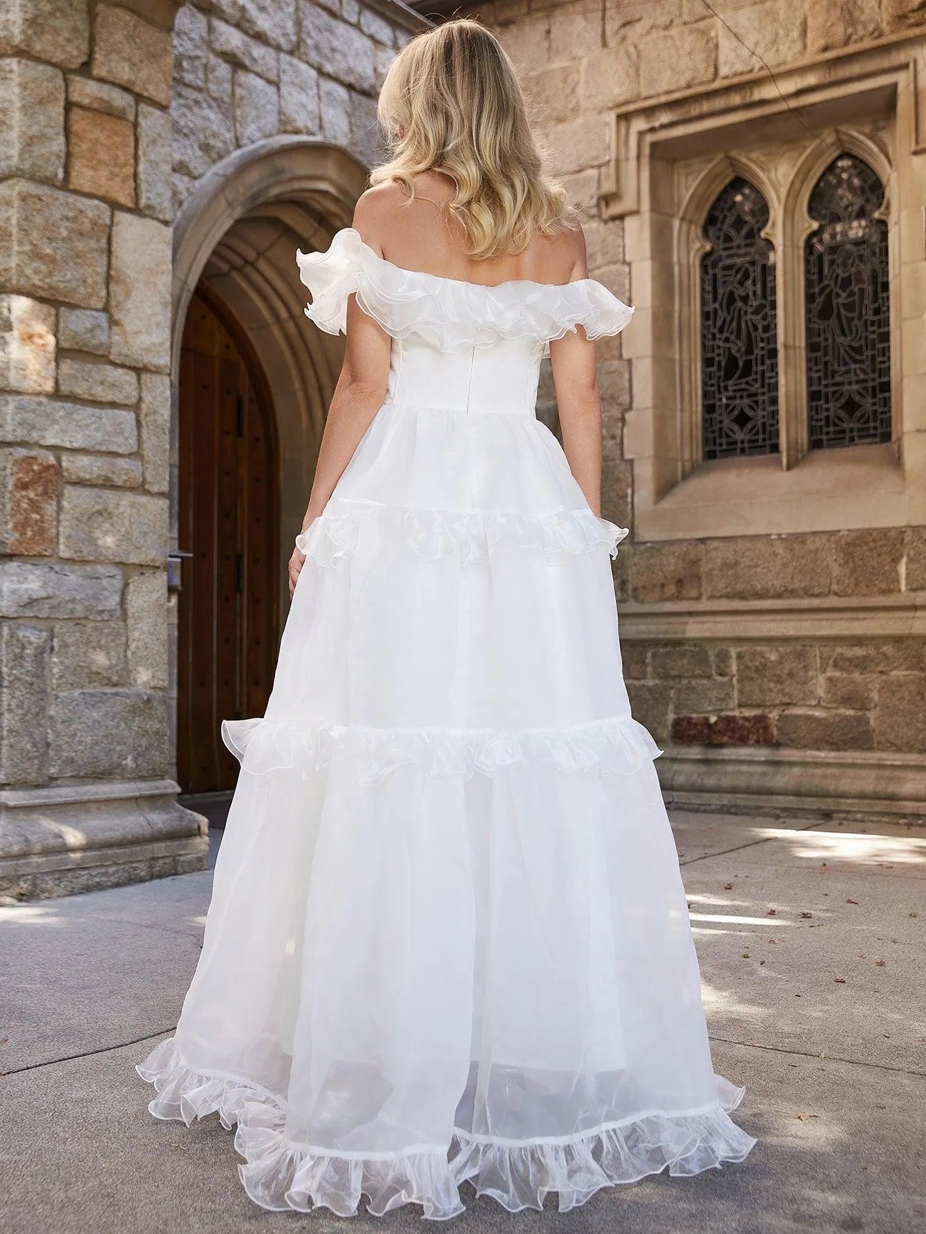 Off Shoulder Ruffle Trim Layered Hem Wedding Dress – Elonnashop