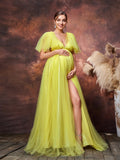 Maternity Plunging Neck Backless Split Thigh Tulle Party Dress