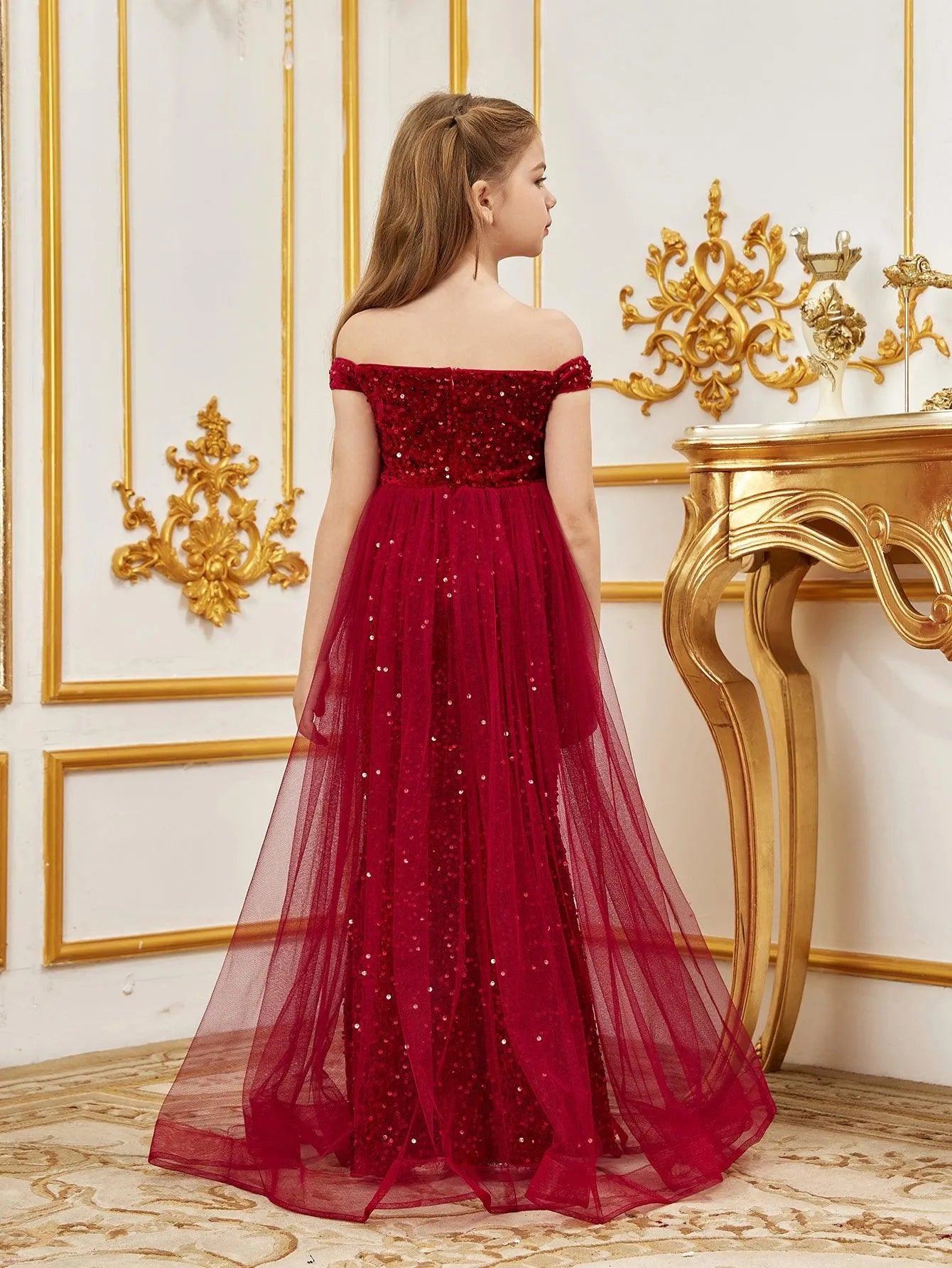 Tween Prom Tween Girls' Off Shoulder Mesh Overlay Sequined Prom Dress – Elonnashop