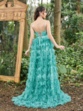 Elegant Plunging Neck Ruffle Layered Hem Floral Tulle Slip Prom Dress - Elonnashop