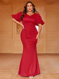 Plus Puff Sleeves Mermaid Formal Dress - Elonnashop