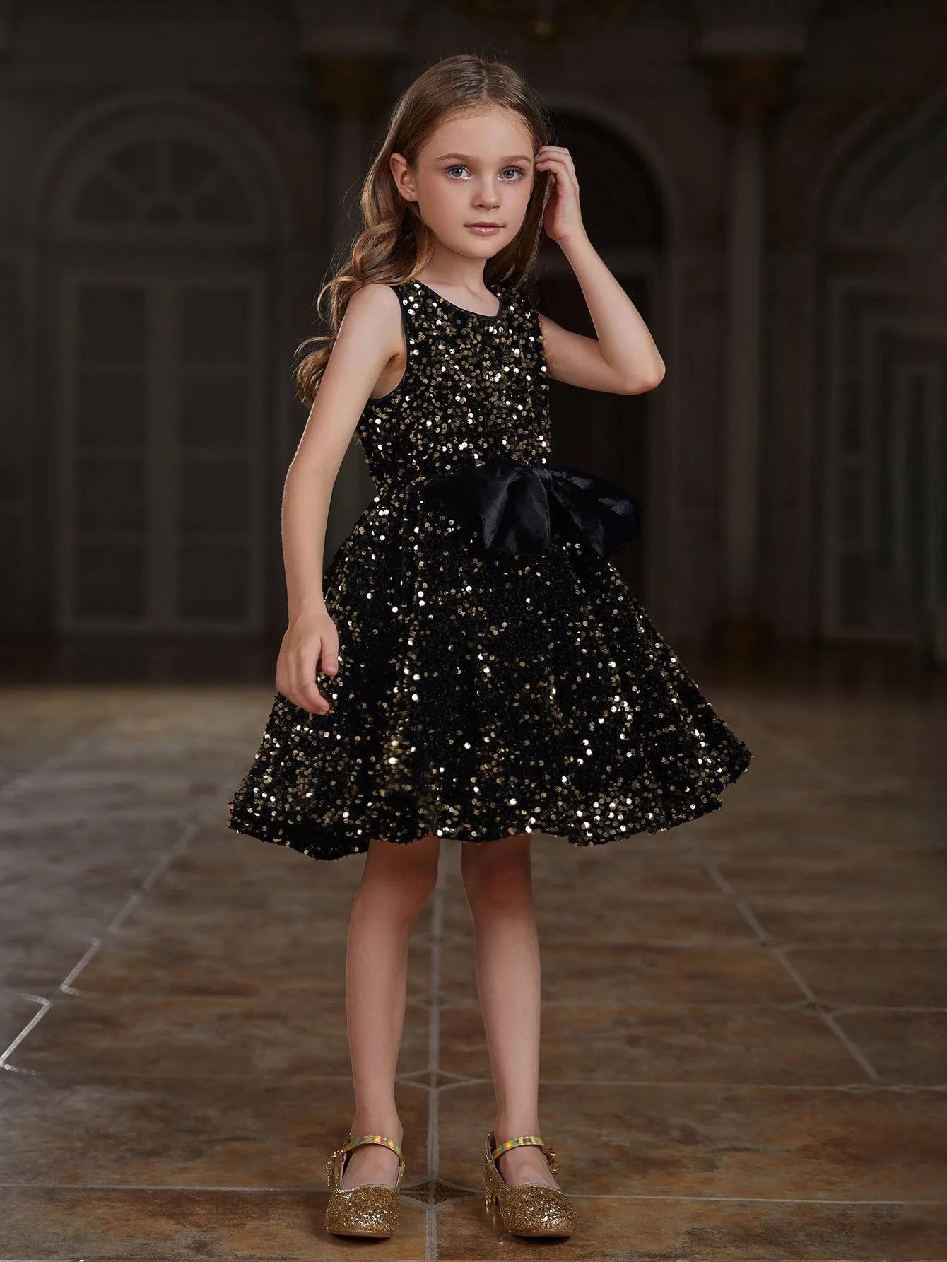 Tween Girls' Cute Sleeveless Bow Front Sequin A Line Dress - Elonnashop