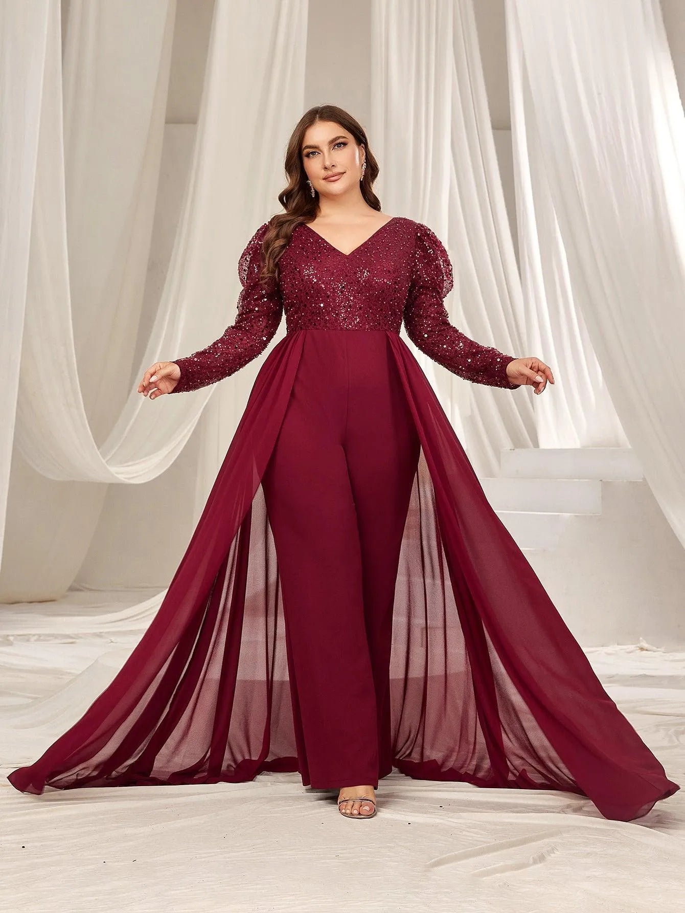 Plus V Neck Gigot Sleeves Sequin Prom Jumpsuit - Elonnashop