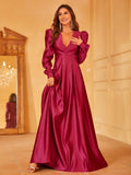 Plunging Neck Gigot Sleeve Satin A Line Dress - Elonnashop