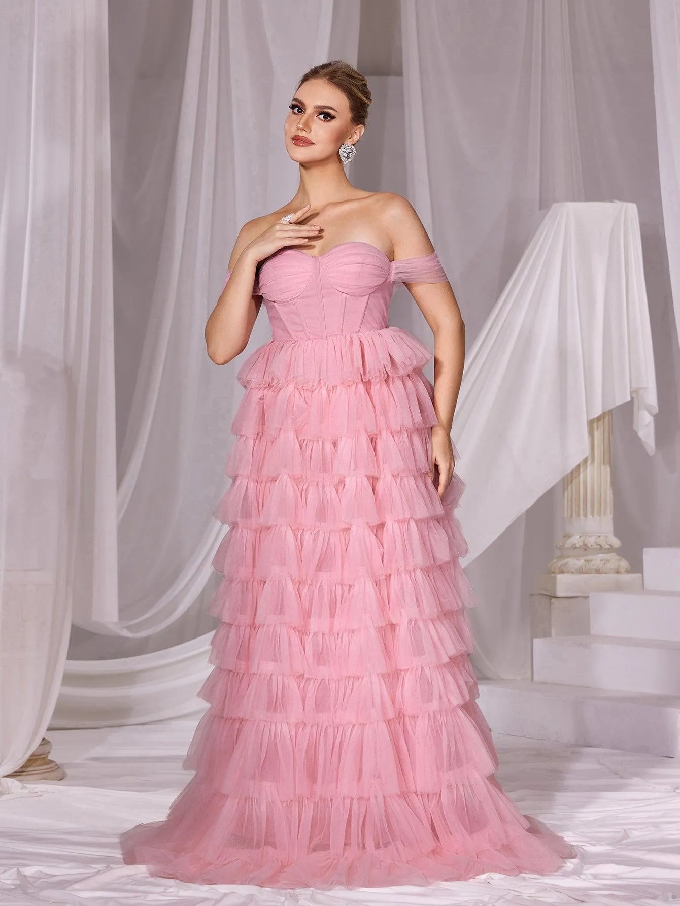 Off Shoulder Mesh Layered Hem Cake Prom Dress - Elonnashop